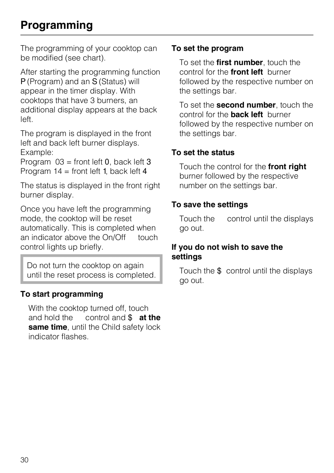 Miele KM 5820 installation instructions Programming 