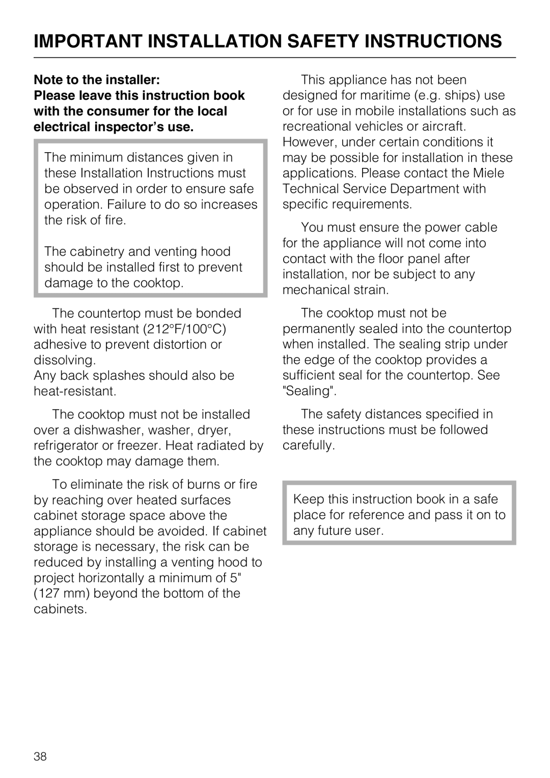 Miele KM 5820 installation instructions Important Installation Safety Instructions 