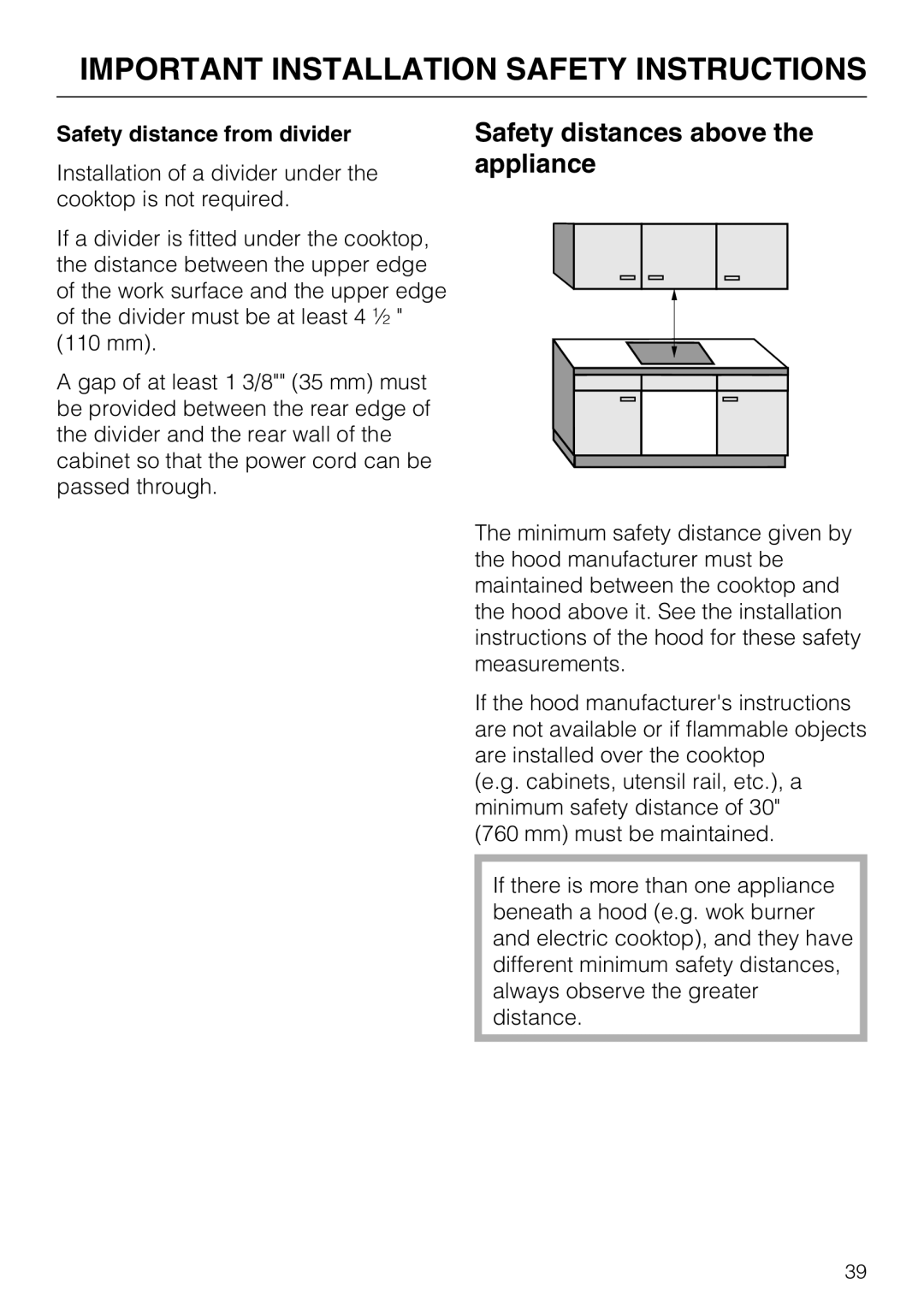 Miele KM 5820 installation instructions Safety distances above the appliance, Safety distance from divider 