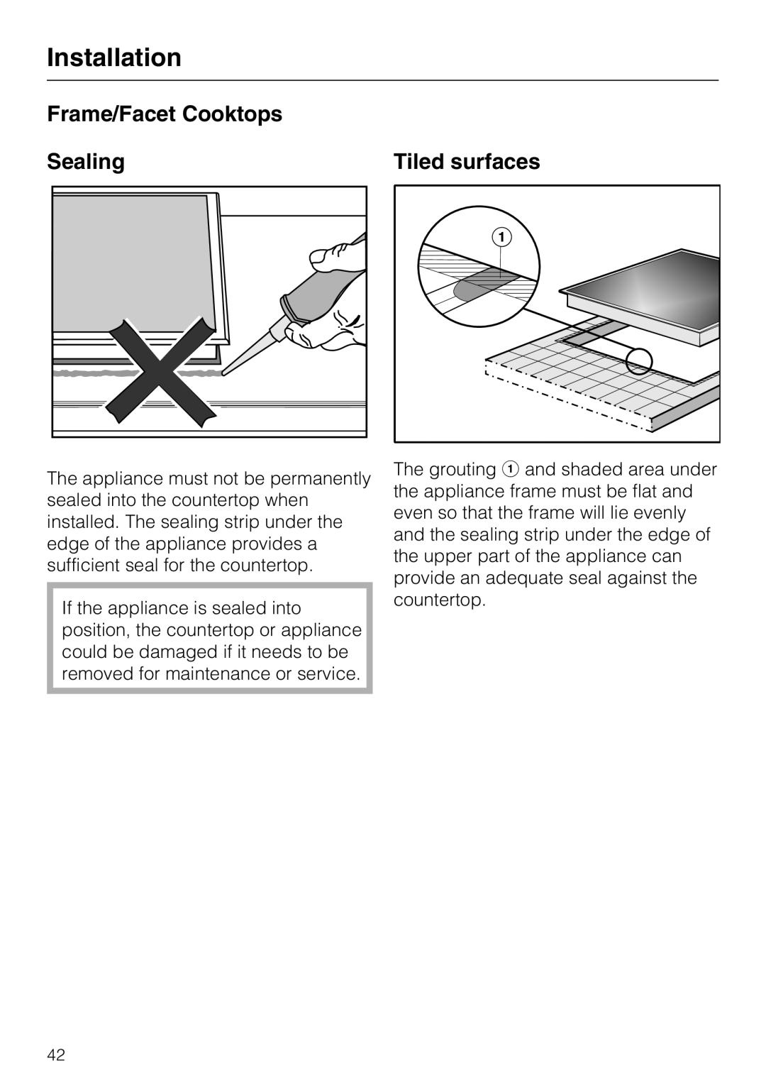 Miele KM 5820 installation instructions Frame/Facet Cooktops Sealing, Tiled surfaces 