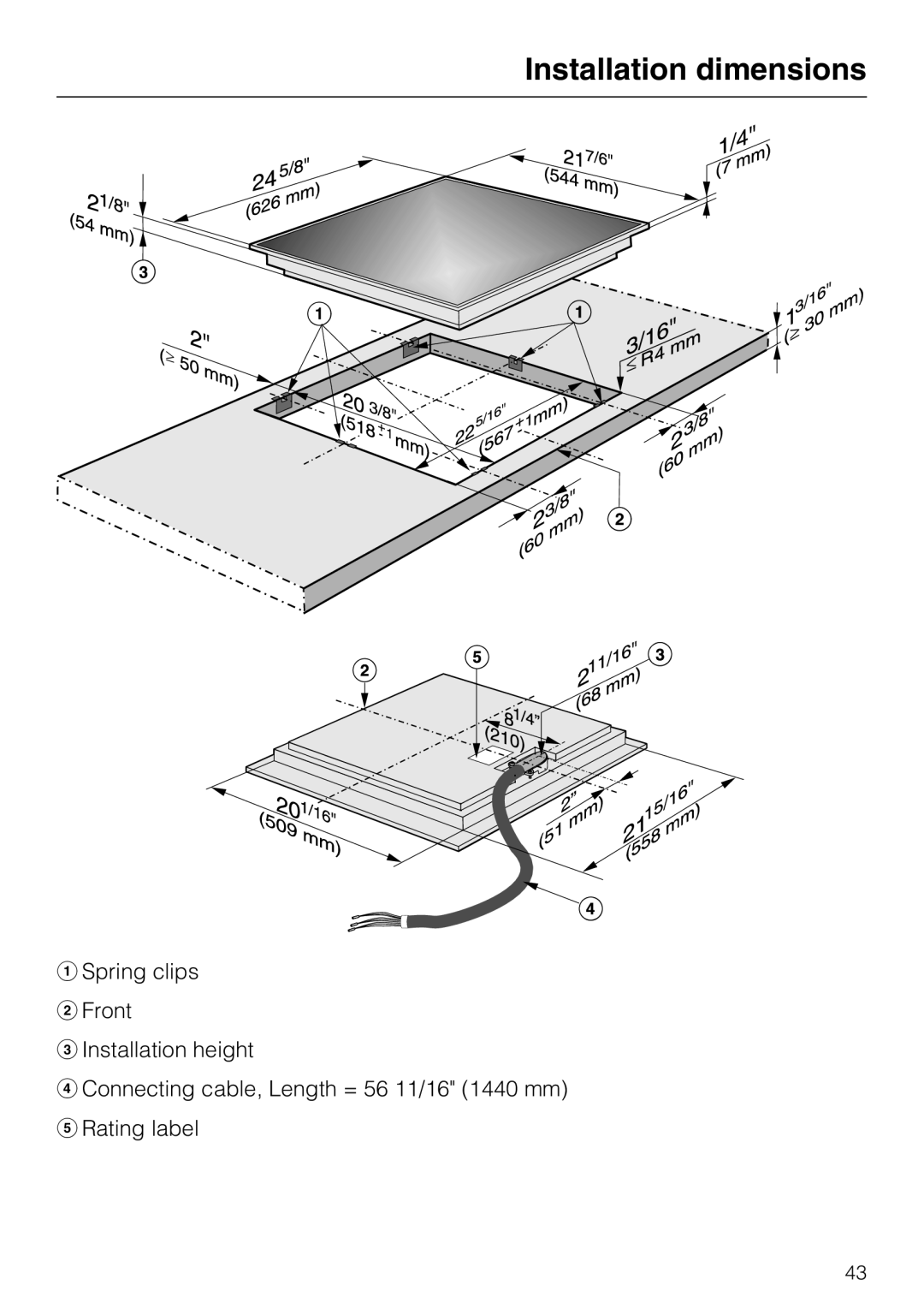 Miele KM 5820 installation instructions Installation dimensions 