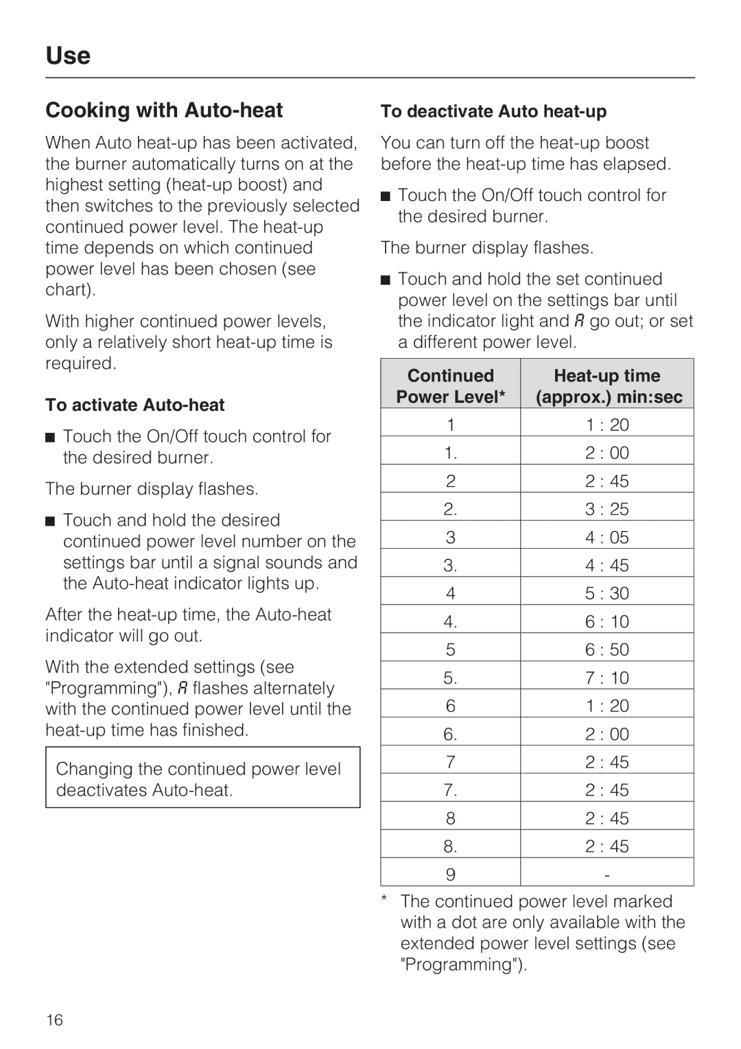 Miele KM 5820 Cooking with Auto-heat, To activate Auto-heat, To deactivate Auto heat-up, Heat-up time, Approx. minsec 