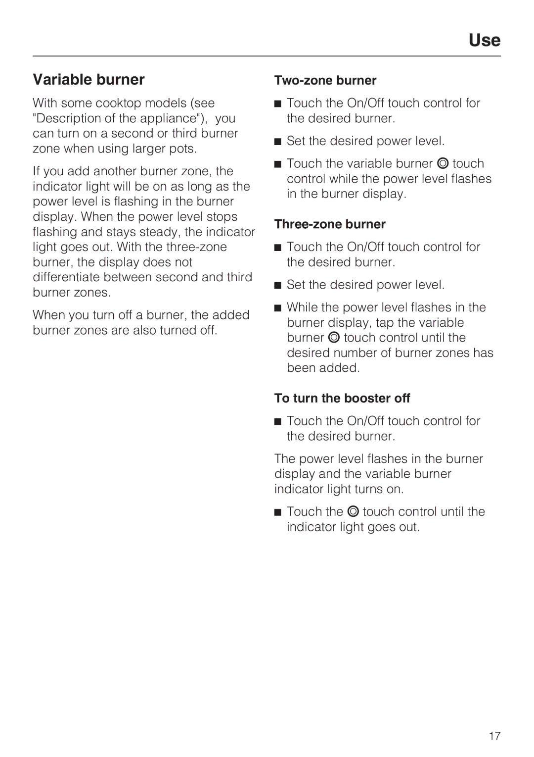 Miele KM 5820 installation instructions Variable burner, Three-zone burner, To turn the booster off 