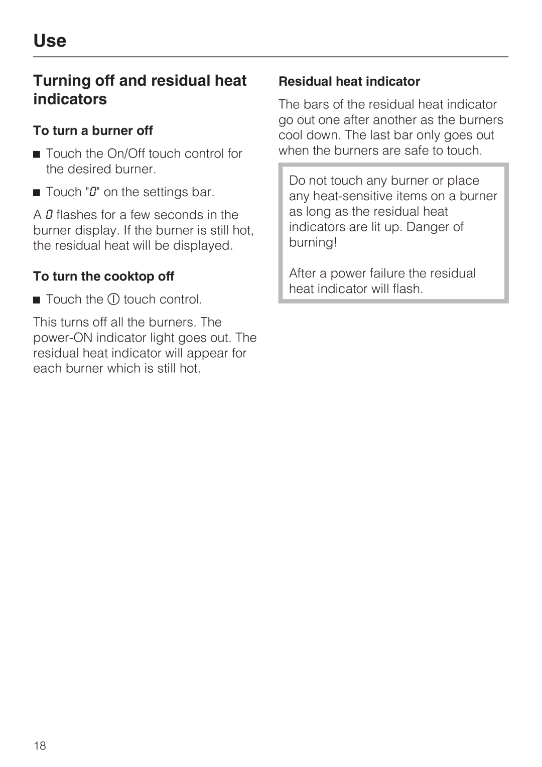 Miele KM 5820 Turning off and residual heat indicators, To turn a burner off, To turn the cooktop off 