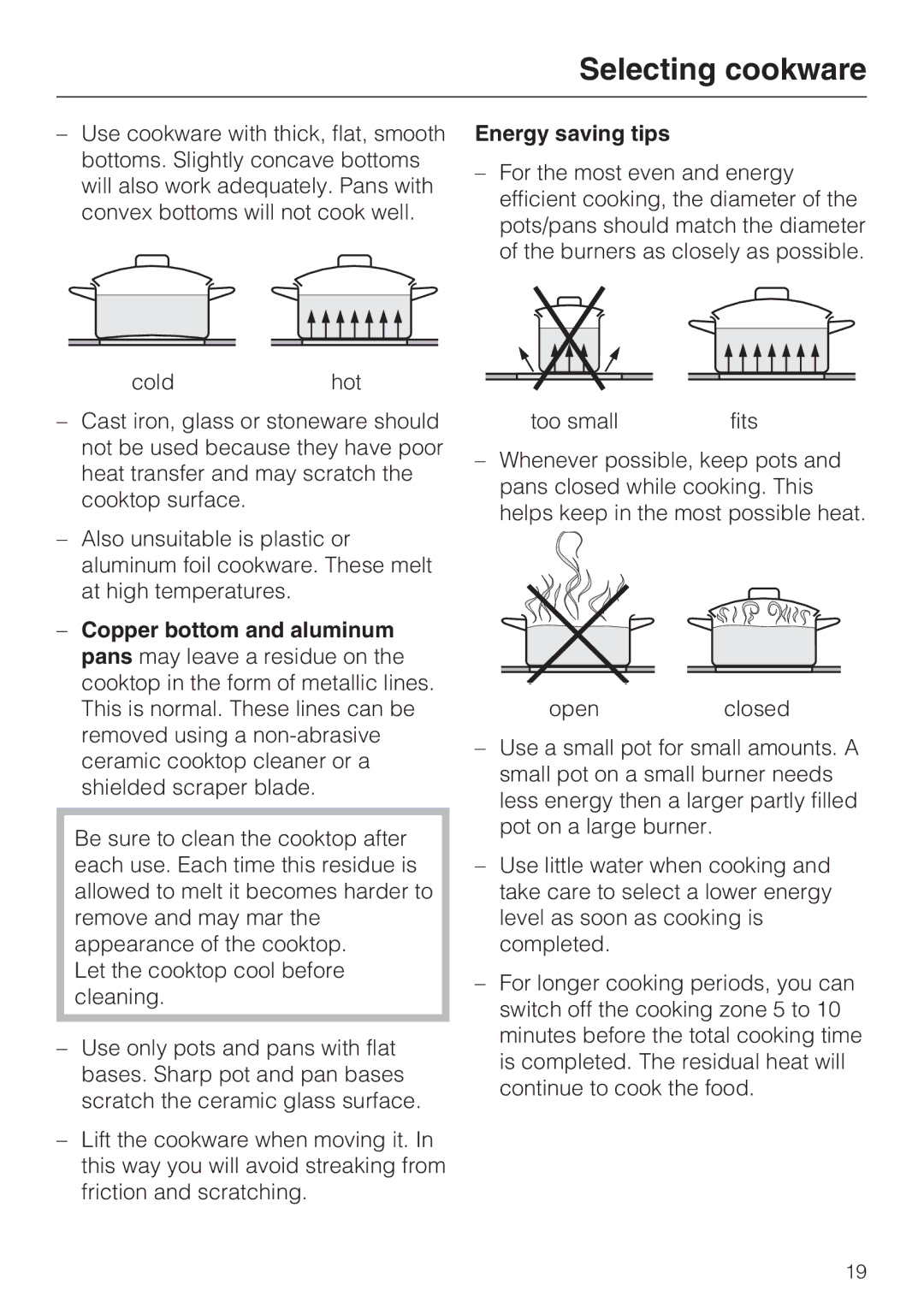 Miele KM 5820 installation instructions Selecting cookware, Energy saving tips 