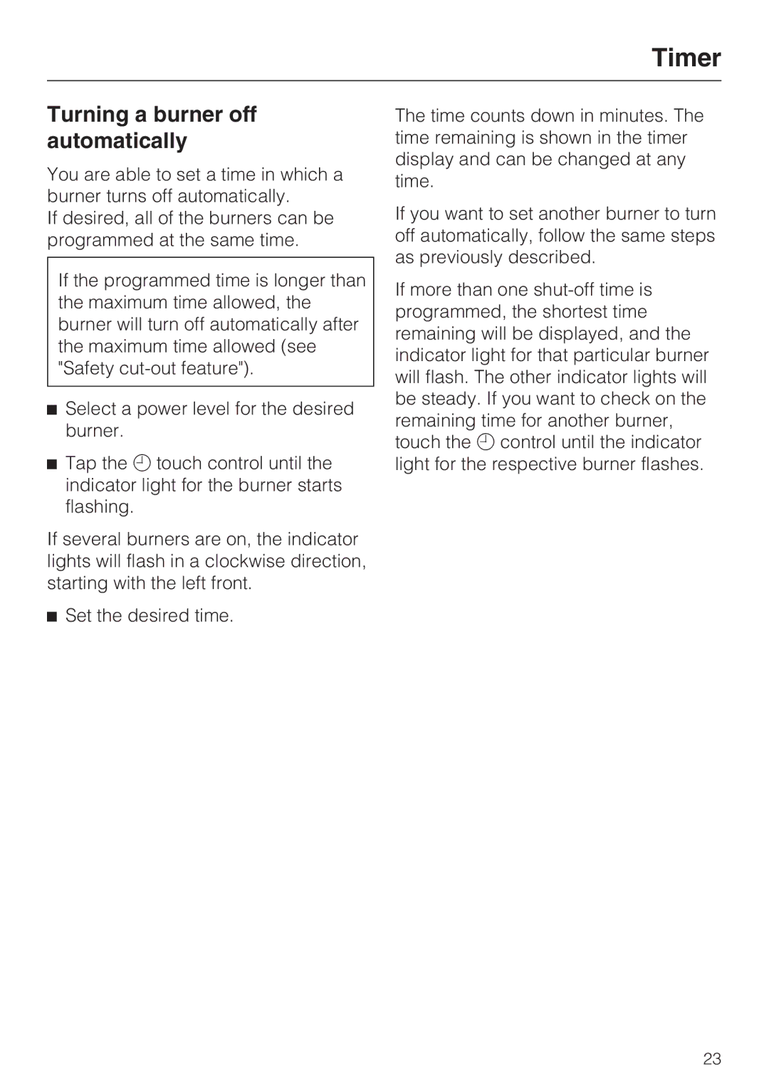 Miele KM 5820 installation instructions Turning a burner off automatically 