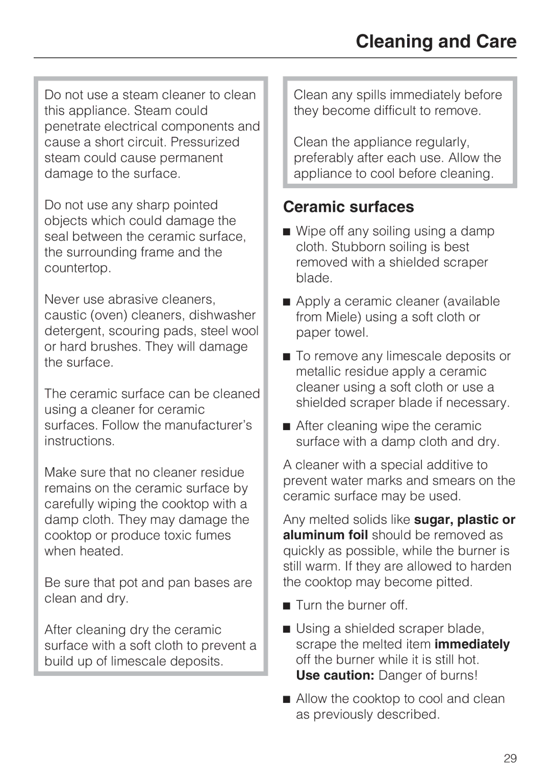 Miele KM 5820 installation instructions Cleaning and Care, Ceramic surfaces 