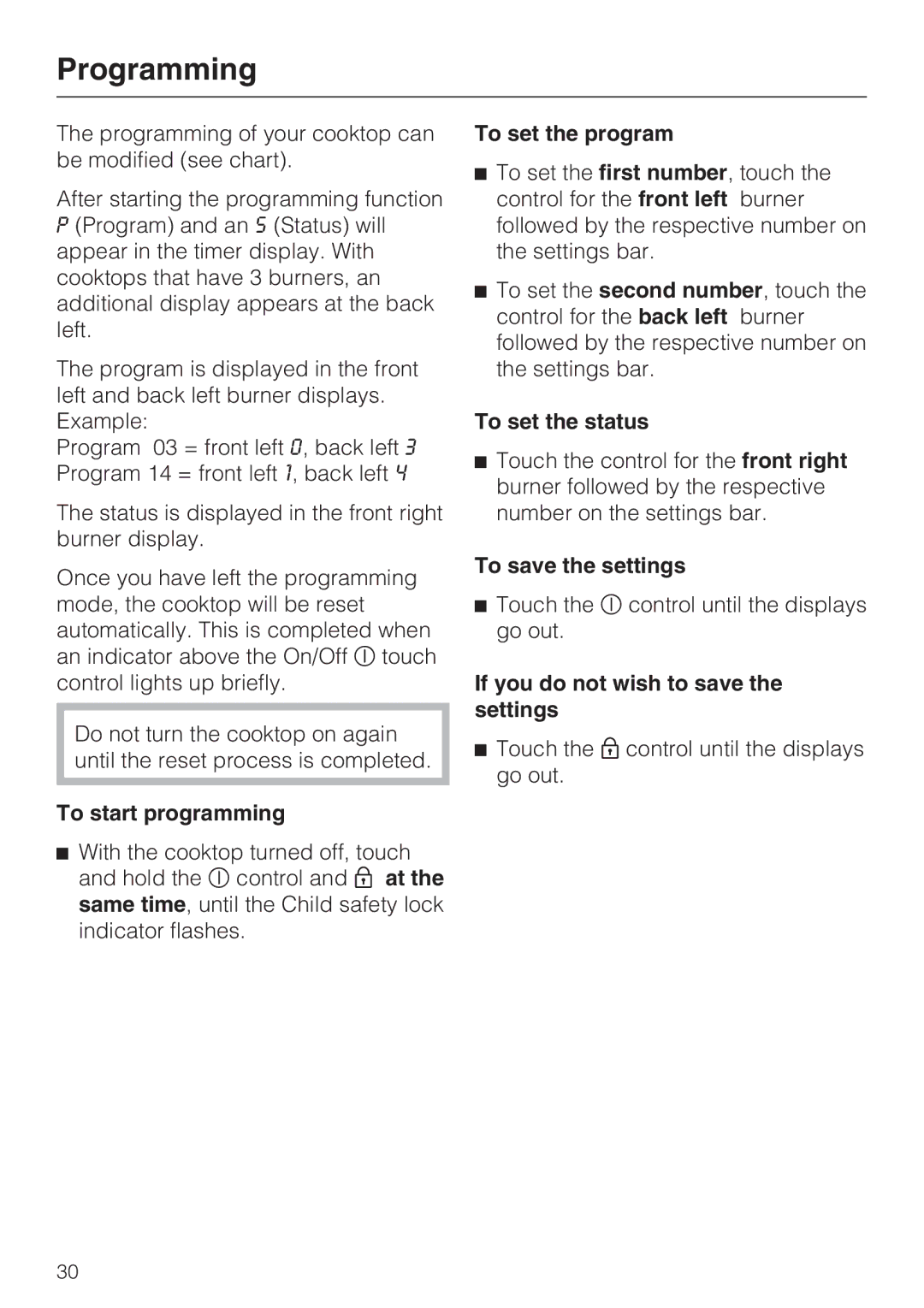 Miele KM 5820 installation instructions Programming 