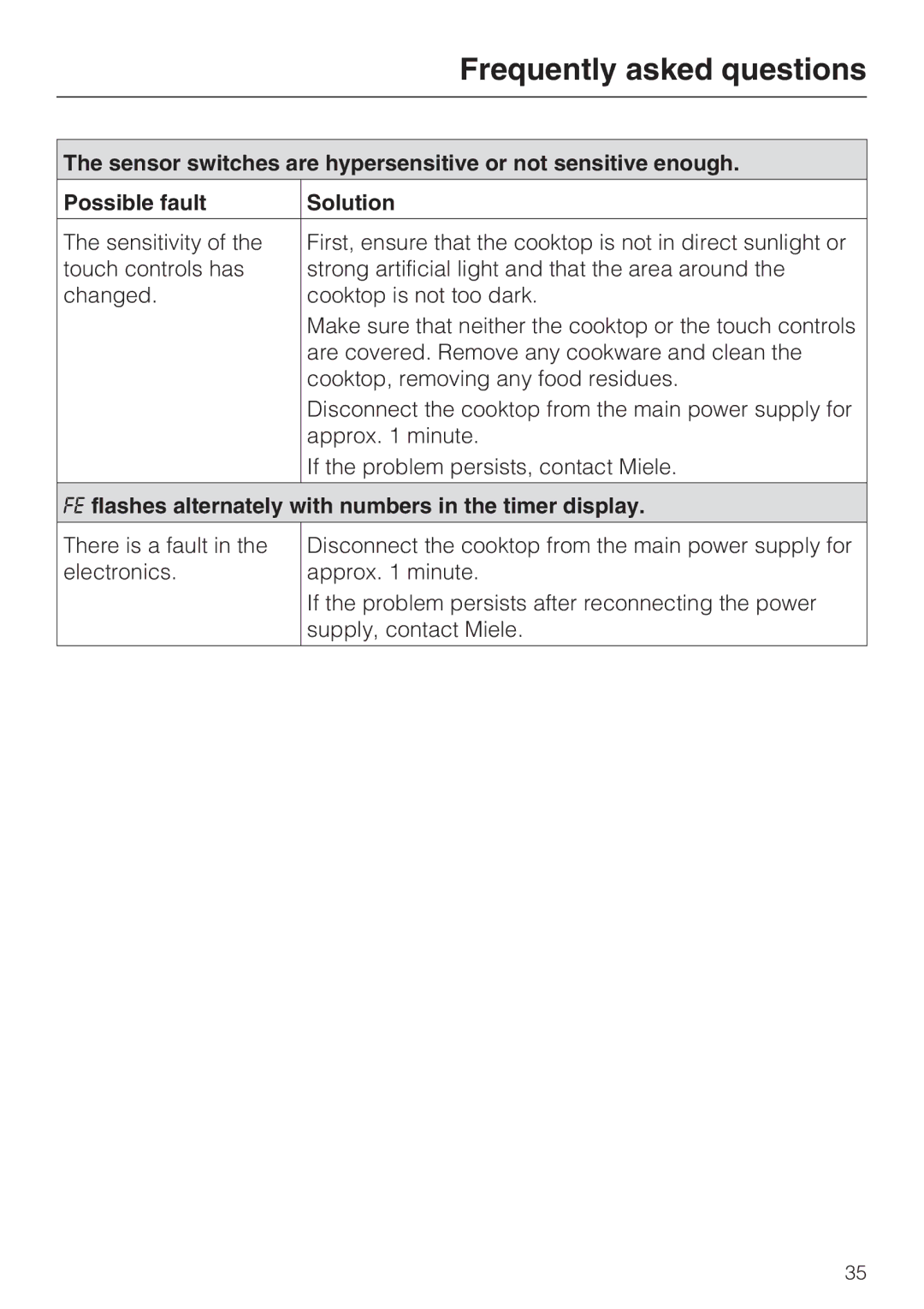 Miele KM 5820 installation instructions FE flashes alternately with numbers in the timer display 