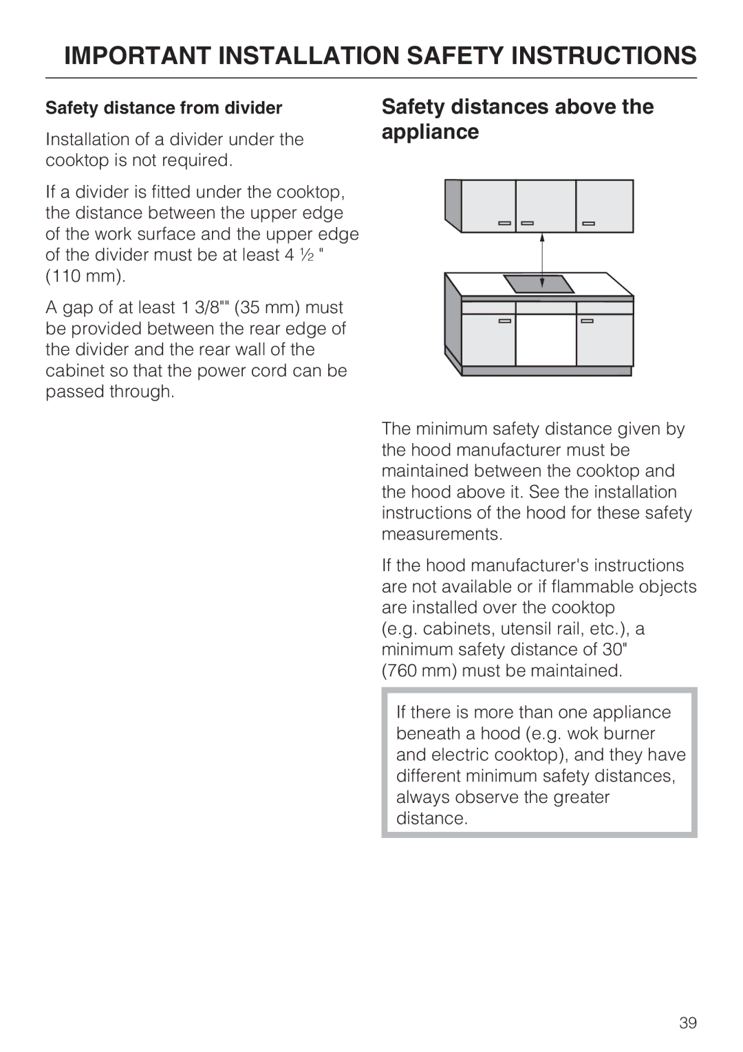 Miele KM 5820 installation instructions Safety distances above the appliance, Safety distance from divider 