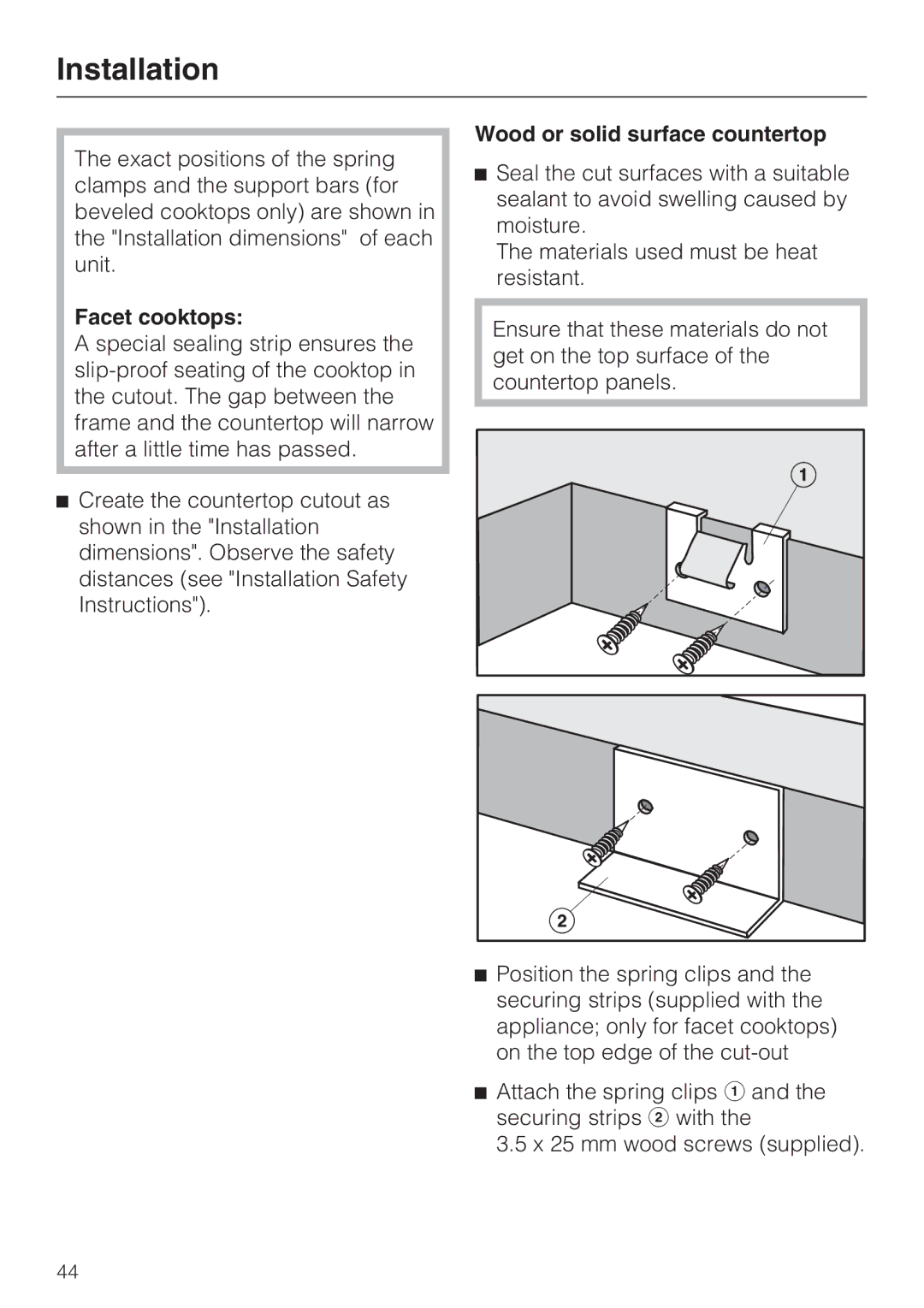 Miele KM 5820 installation instructions Facet cooktops, Wood or solid surface countertop 