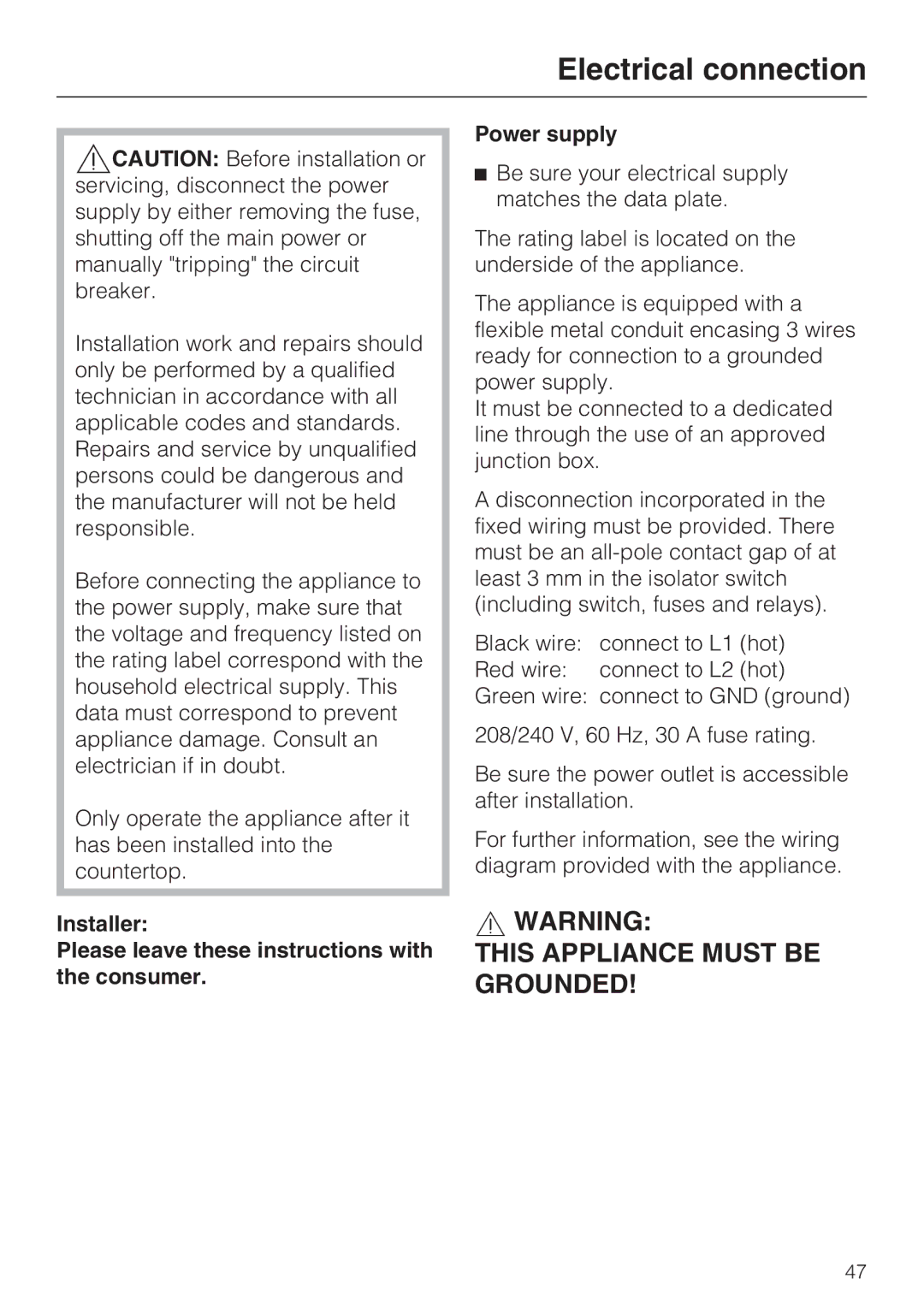 Miele KM 5820 installation instructions Electrical connection 