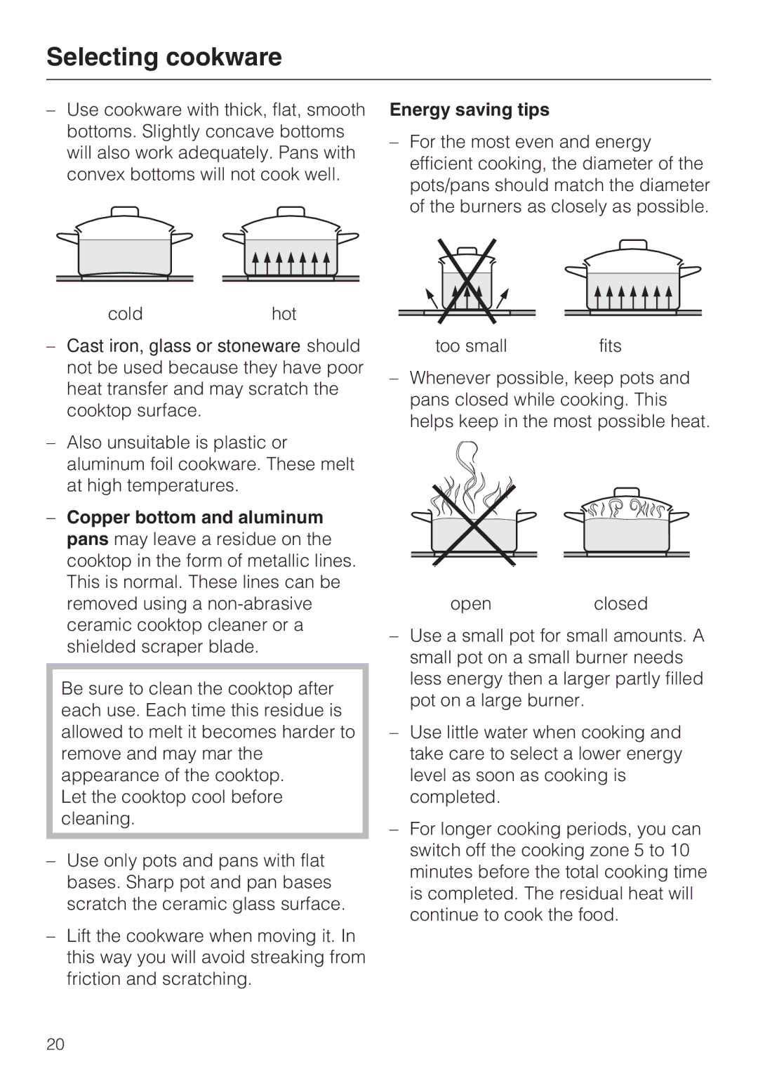 Miele KM 5840, KM 5860, KM 5880 installation instructions Selecting cookware, Energy saving tips 