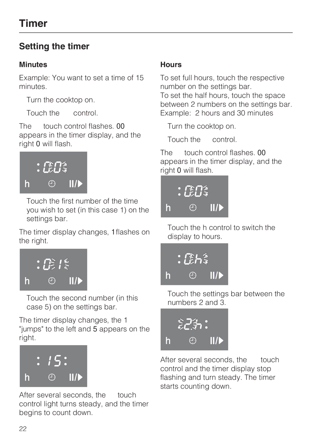 Miele KM 5880, KM 5860, KM 5840 installation instructions Setting the timer, Minutes, Hours 