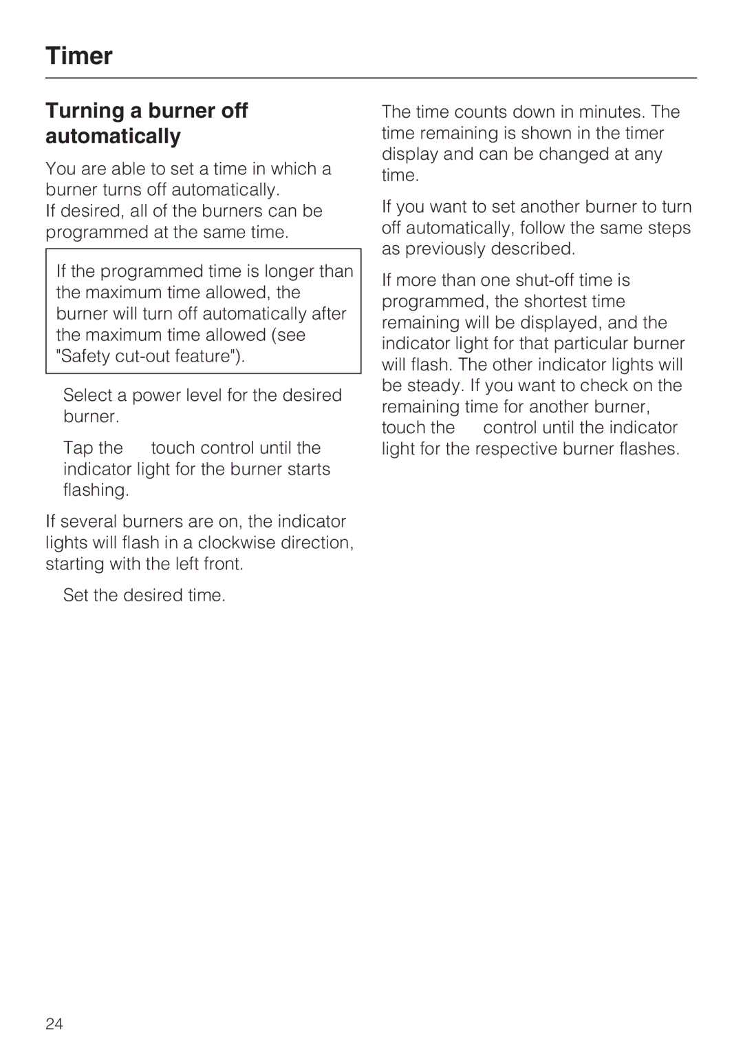 Miele KM 5860, KM 5880, KM 5840 installation instructions Turning a burner off automatically 