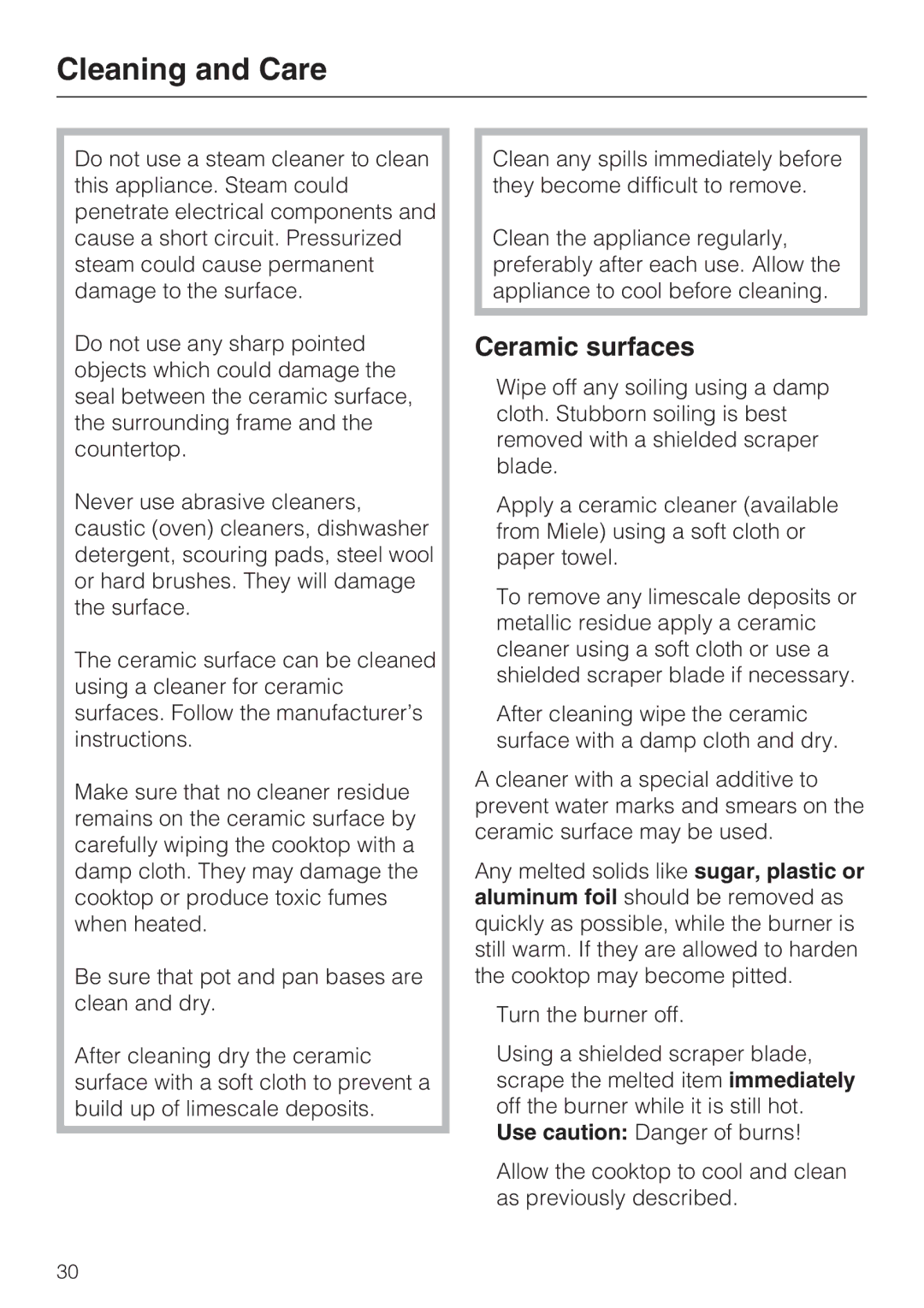 Miele KM 5860, KM 5880, KM 5840 installation instructions Cleaning and Care, Ceramic surfaces 