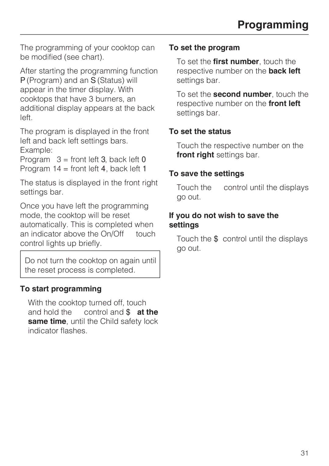 Miele KM 5880, KM 5860, KM 5840 installation instructions Programming 