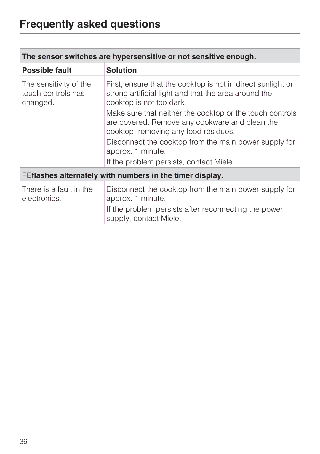 Miele KM 5860, KM 5880, KM 5840 installation instructions FE flashes alternately with numbers in the timer display 