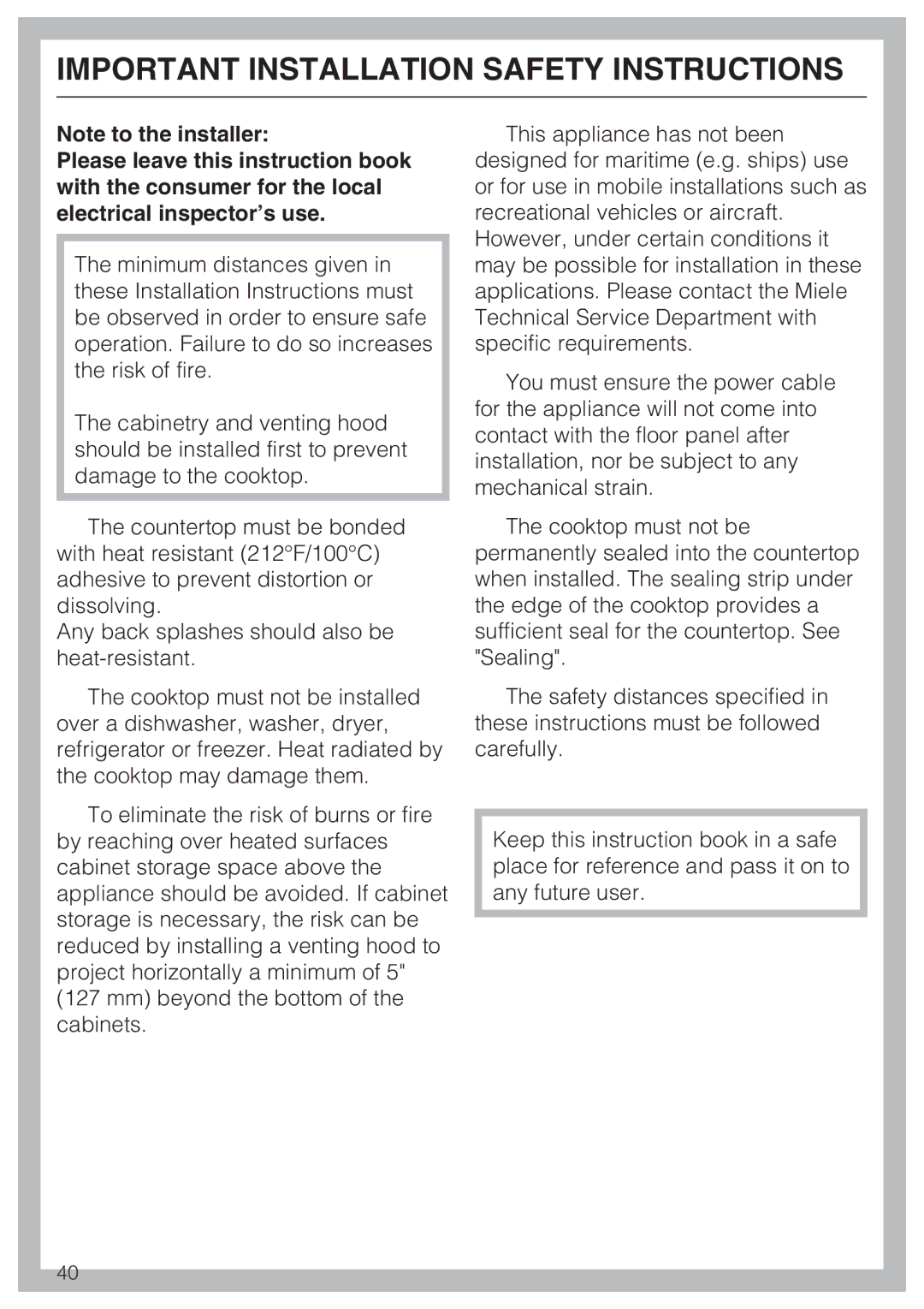 Miele KM 5880, KM 5860, KM 5840 installation instructions Important Installation Safety Instructions 