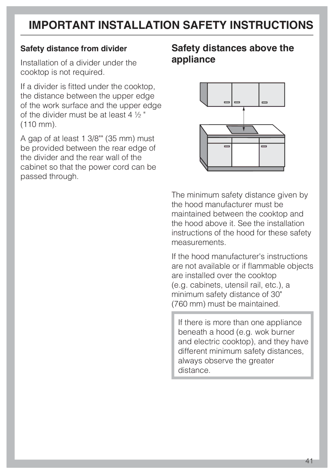 Miele KM 5840, KM 5860, KM 5880 installation instructions Safety distances above the appliance, Safety distance from divider 