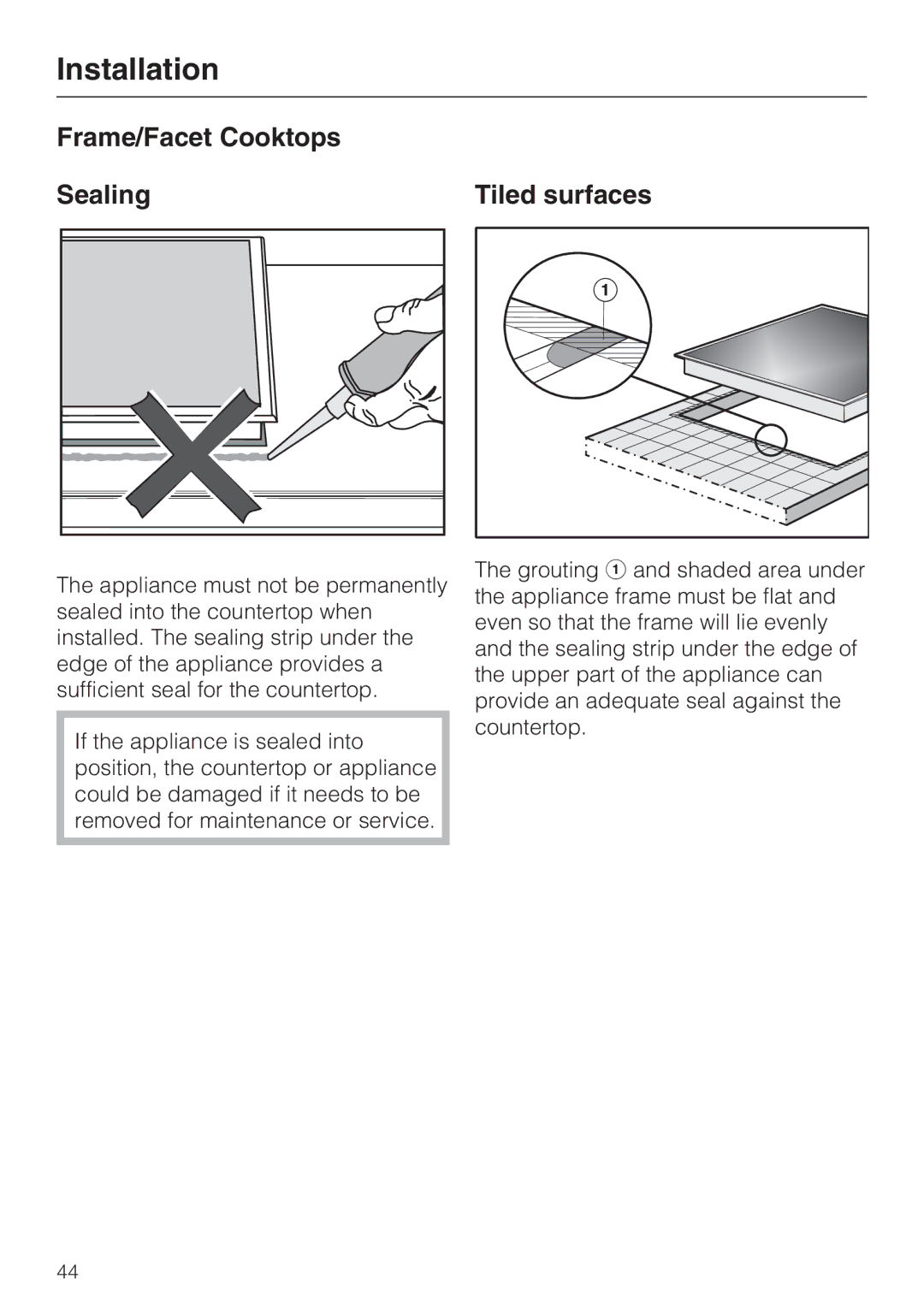 Miele KM 5840, KM 5860, KM 5880 installation instructions Frame/Facet Cooktops Sealing, Tiled surfaces 