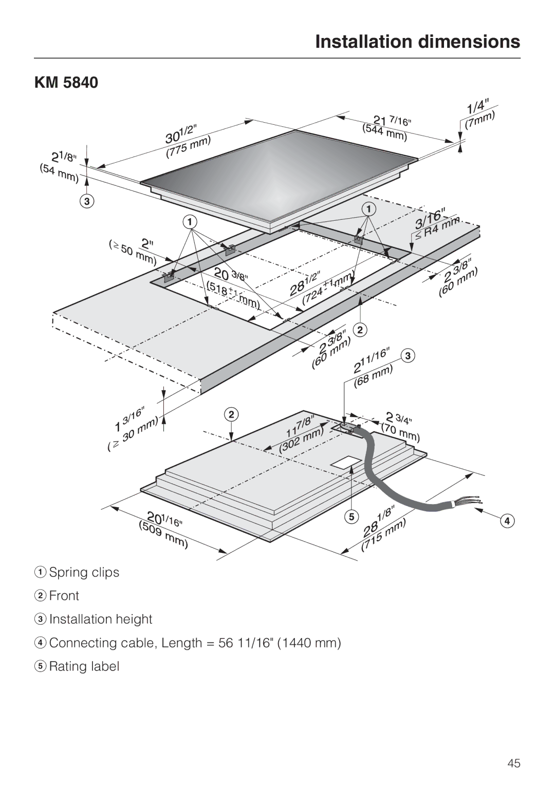 Miele KM 5860, KM 5880, KM 5840 installation instructions Installation dimensions 