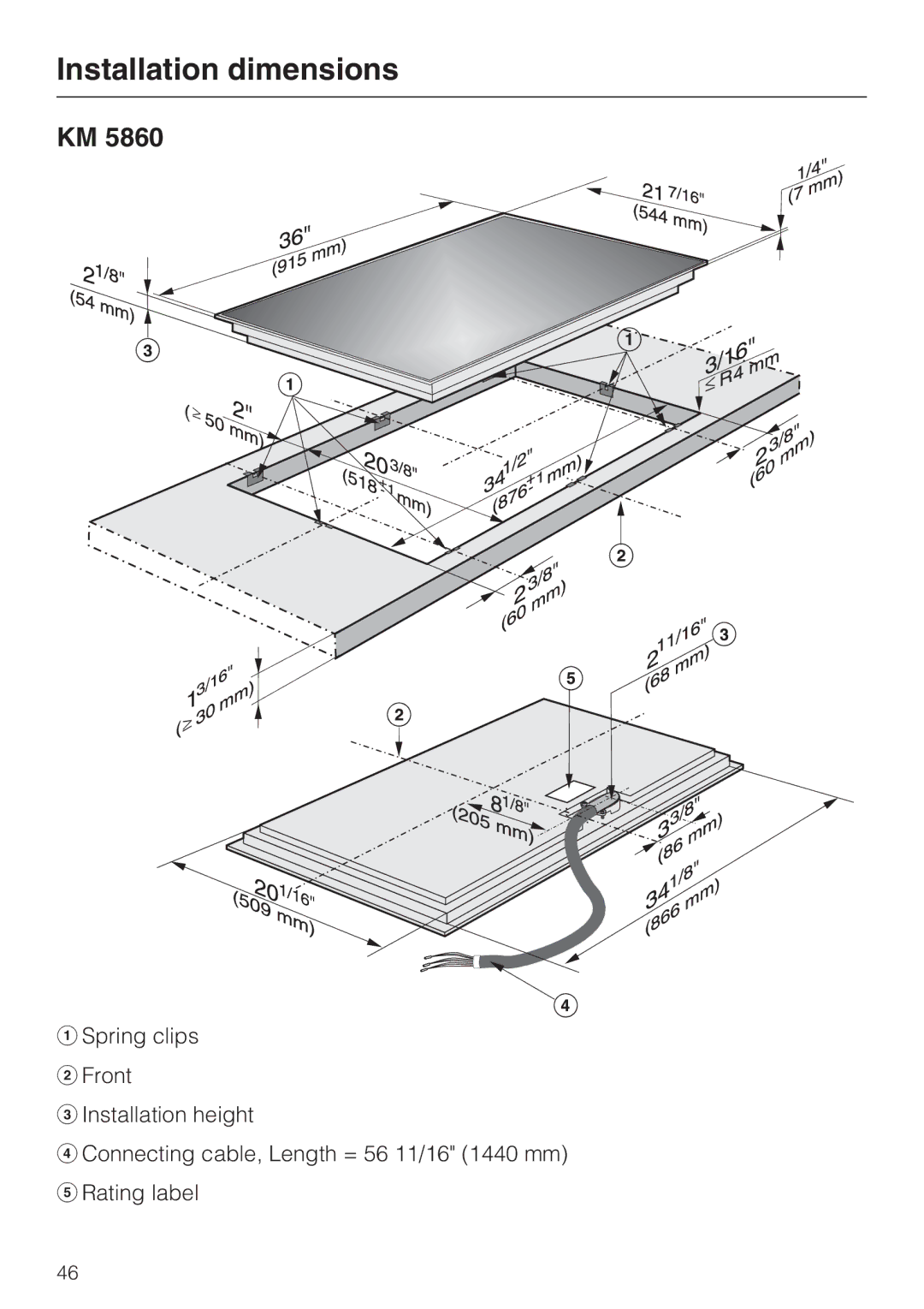 Miele KM 5880, KM 5860, KM 5840 installation instructions Installation dimensions 