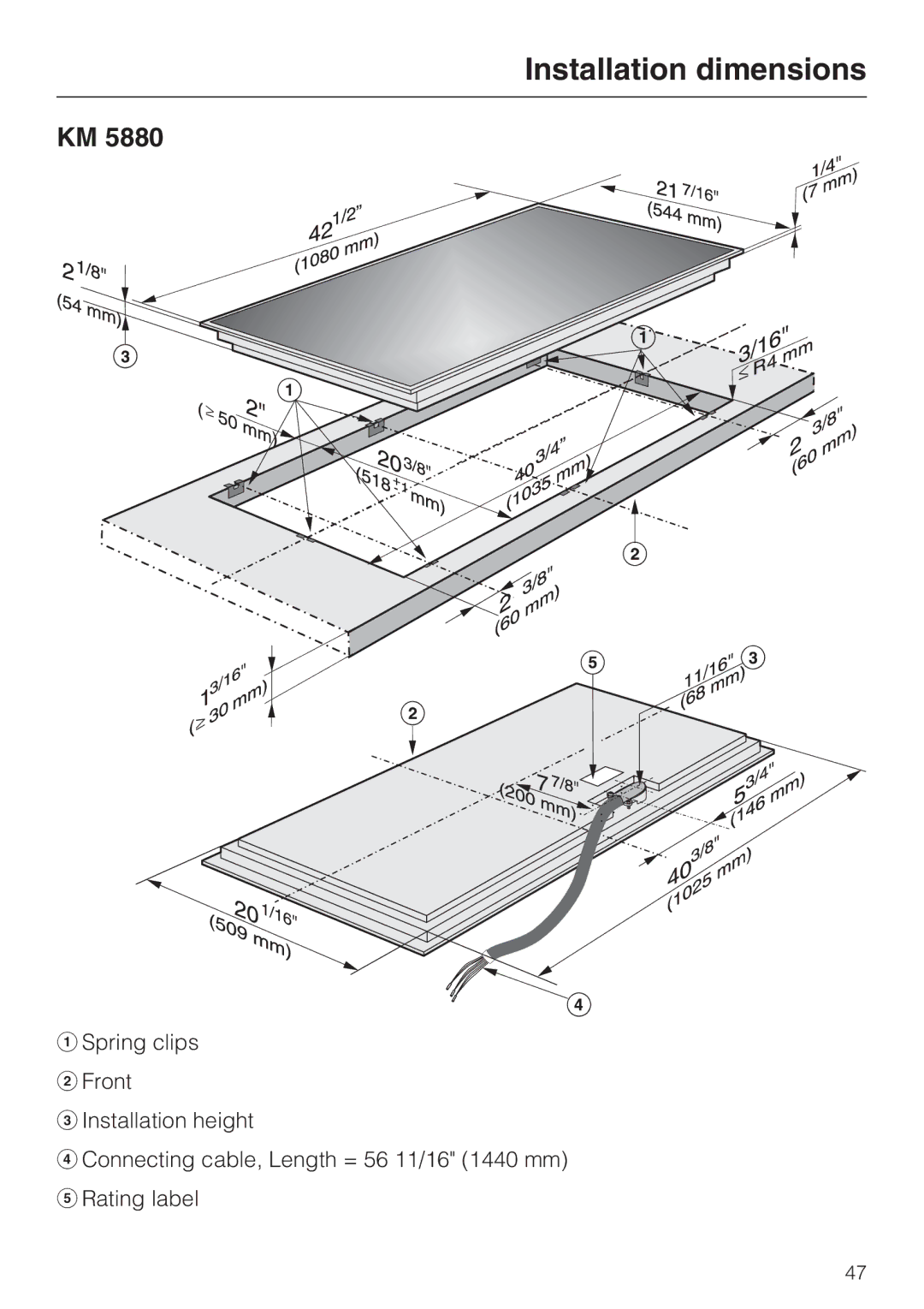 Miele KM 5840, KM 5860, KM 5880 installation instructions Installation dimensions 