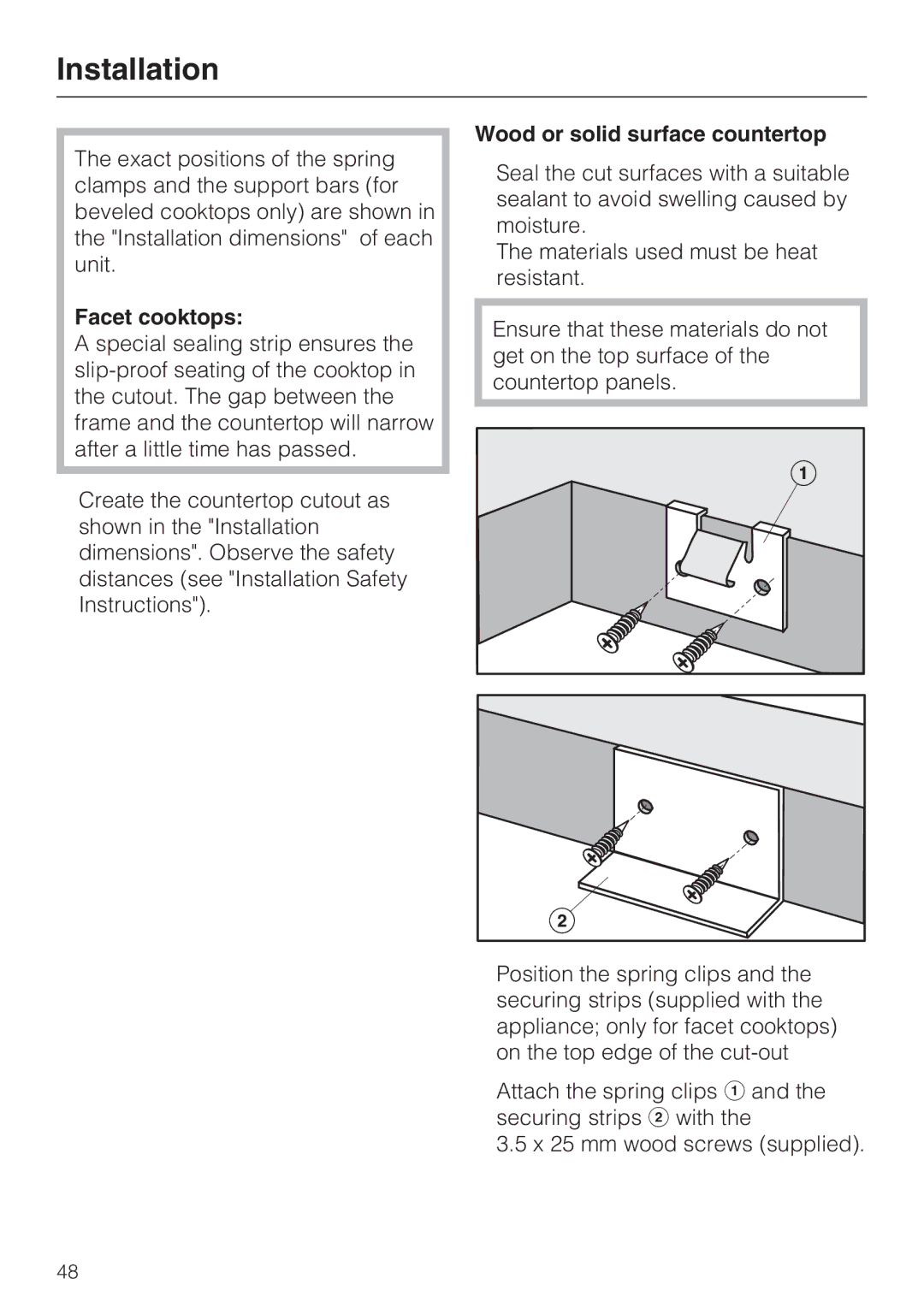 Miele KM 5860, KM 5880, KM 5840 installation instructions Facet cooktops, Wood or solid surface countertop 