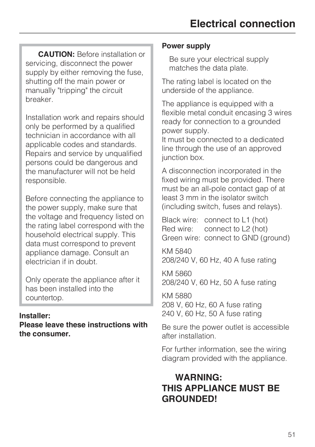 Miele KM 5860, KM 5880, KM 5840 installation instructions Electrical connection 