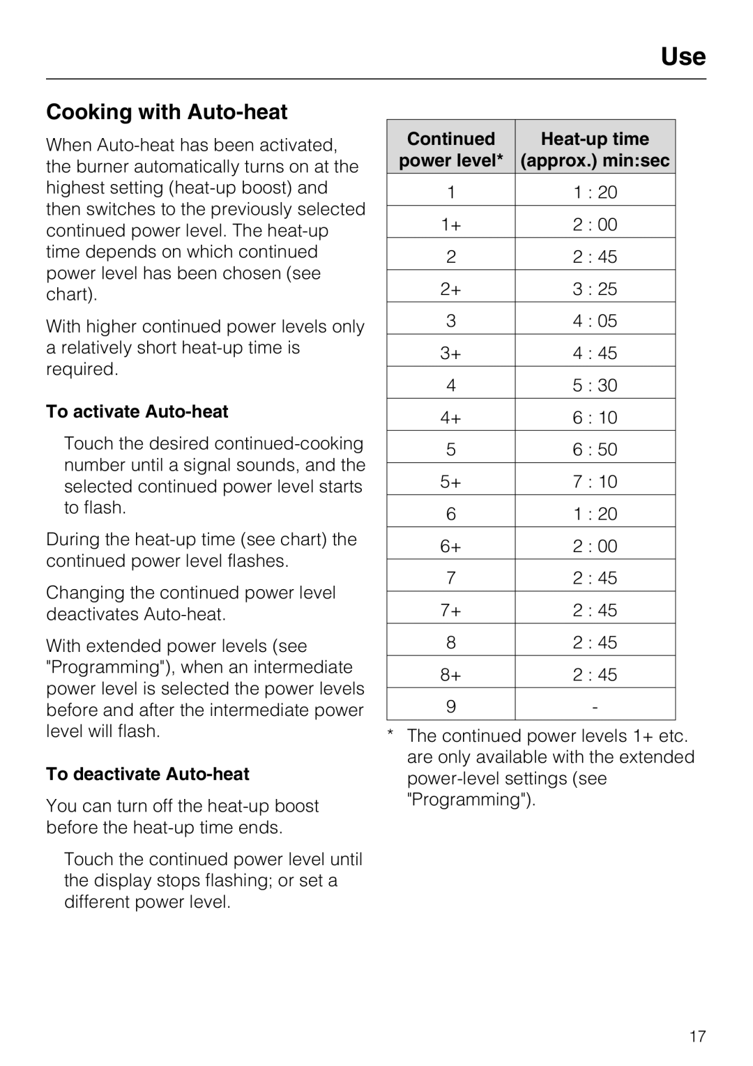 Miele KM 5840 Cooking with Auto-heat, To activate Auto-heat, To deactivate Auto-heat, Heat-up time, Approx. minsec 