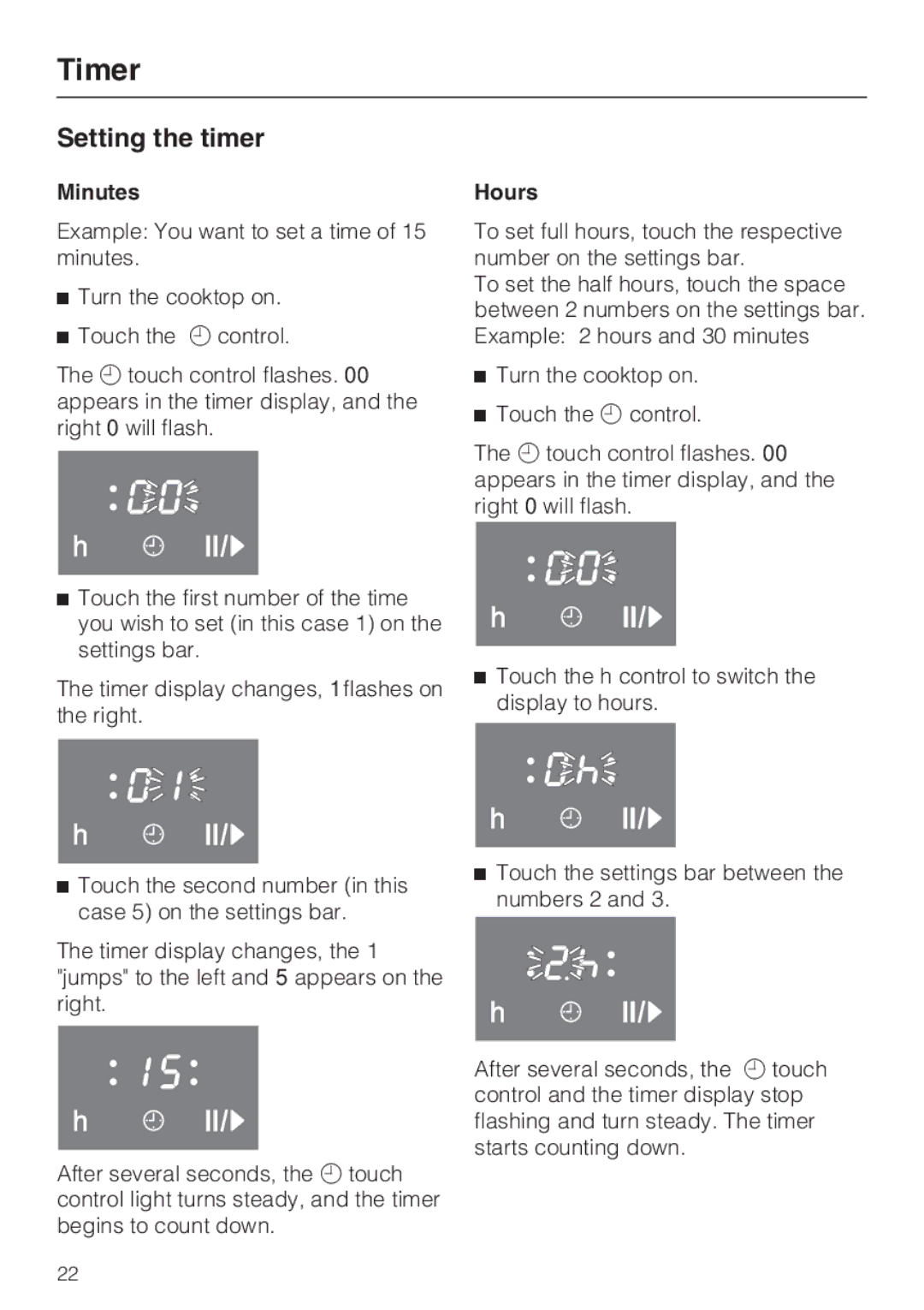 Miele KM 5880, KM 5860, KM 5840 installation instructions Setting the timer, Minutes, Hours 