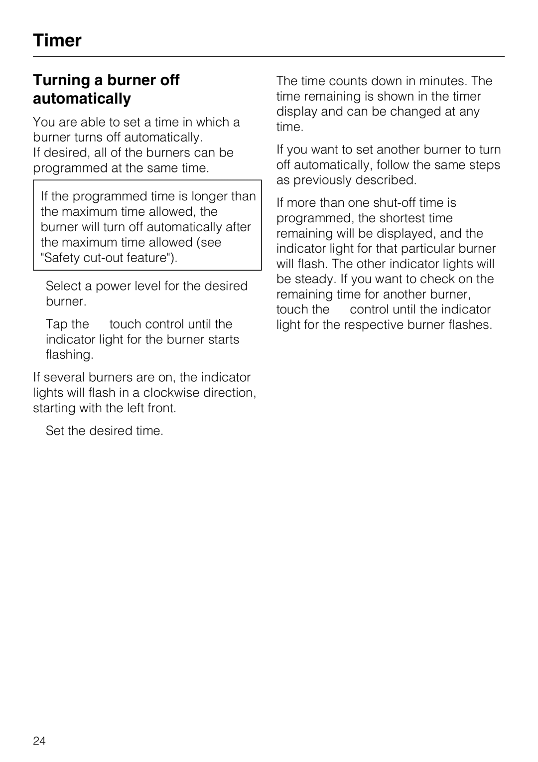 Miele KM 5860, KM 5880, KM 5840 installation instructions Turning a burner off automatically 