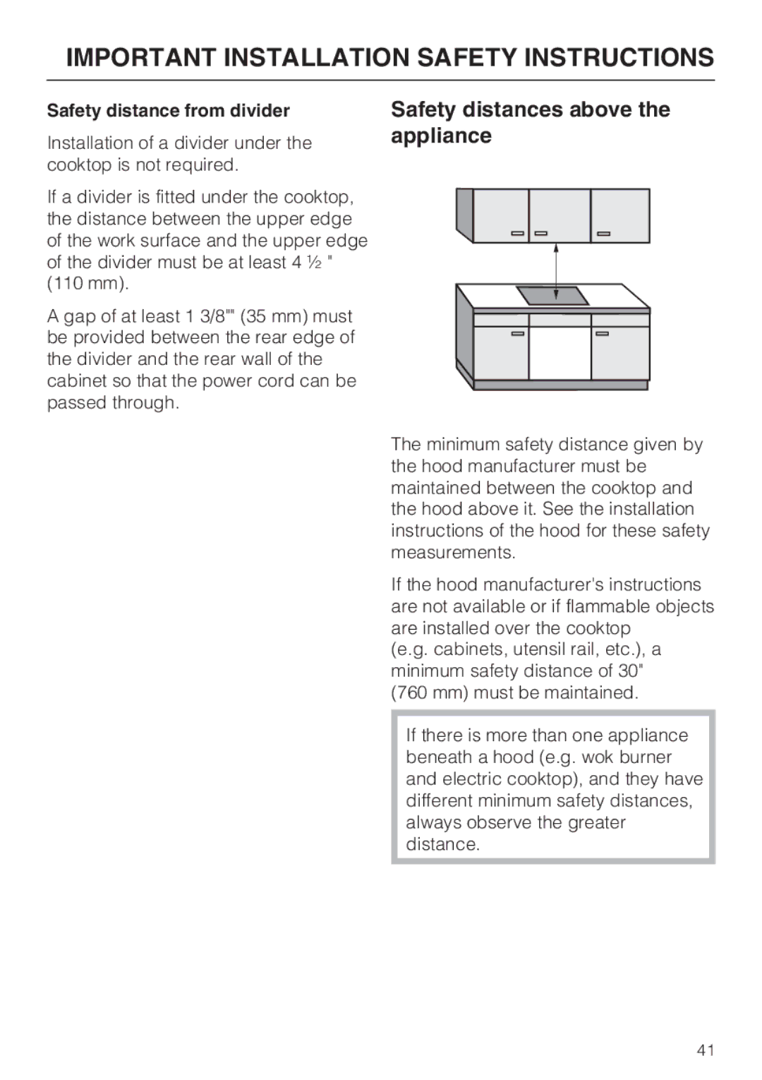 Miele KM 5840, KM 5860, KM 5880 installation instructions Safety distances above the appliance, Safety distance from divider 