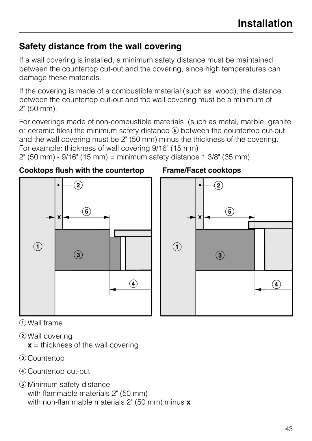 Miele KM 5880, KM 5860, KM 5840 installation instructions Installation, Safety distance from the wall covering 