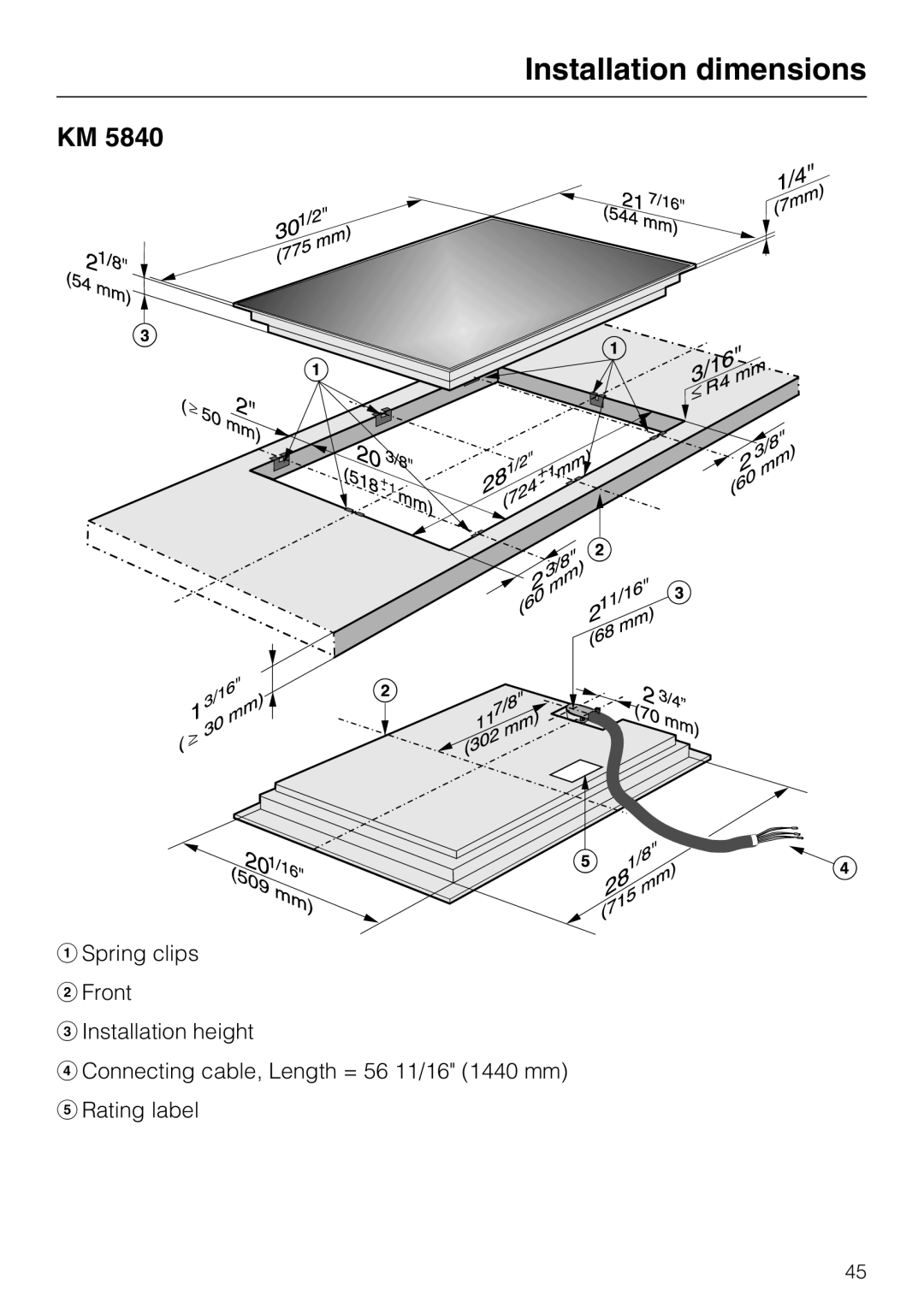 Miele KM 5860, KM 5880, KM 5840 installation instructions Installation dimensions 