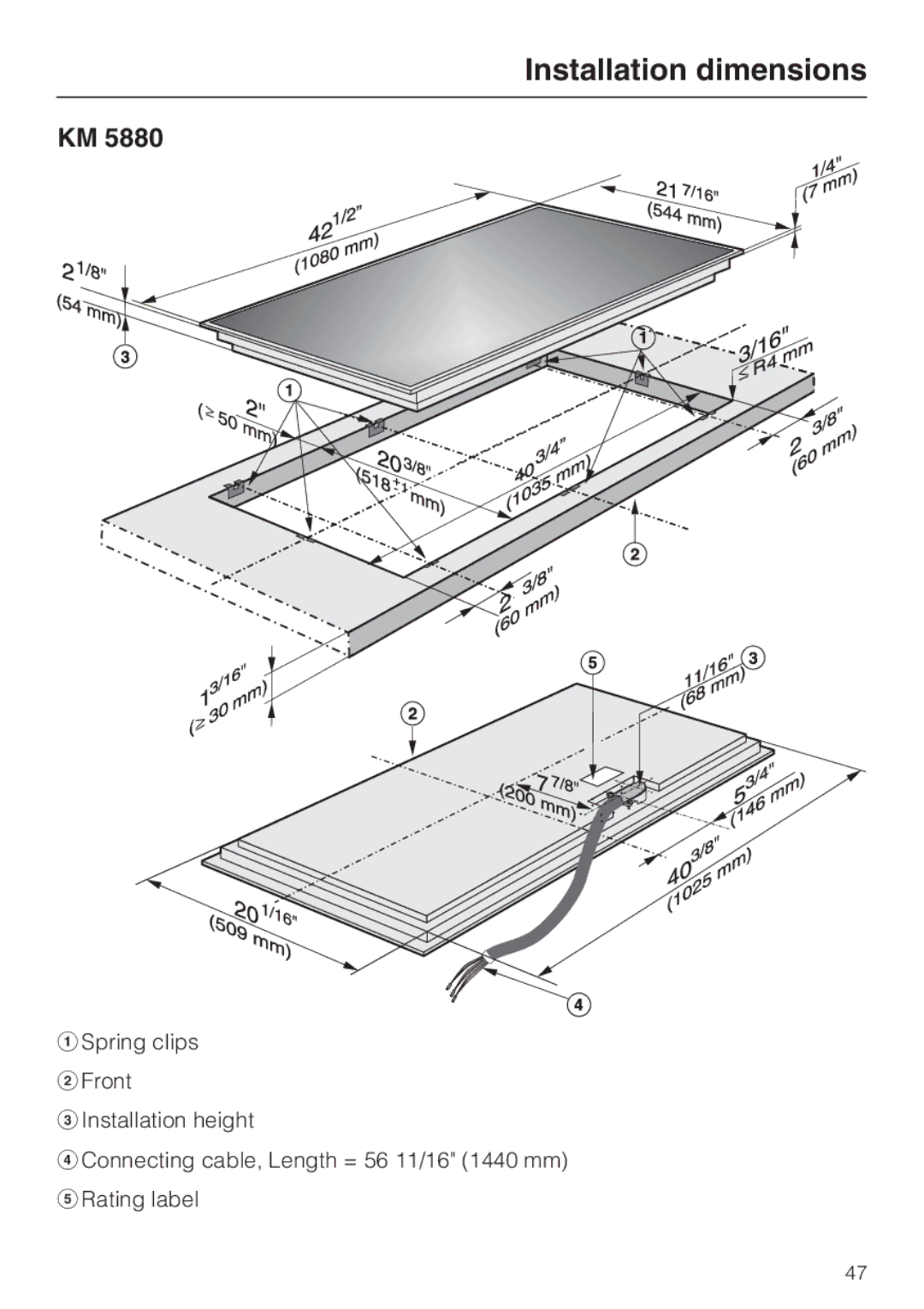 Miele KM 5840, KM 5860, KM 5880 installation instructions Installation dimensions 