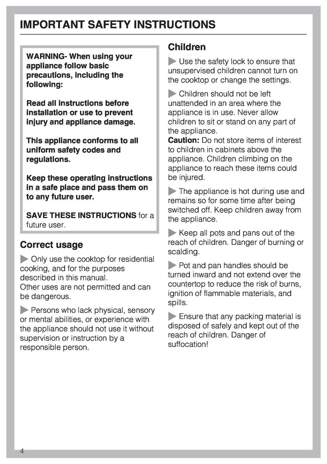 Miele KM 5880, KM 5860 Important Safety Instructions, Correct usage, Children, SAVE THESE INSTRUCTIONS for a future user 