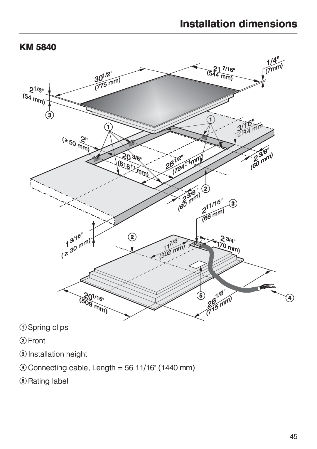 Miele KM 5860, KM 5880, KM 5840 installation instructions Installation dimensions 