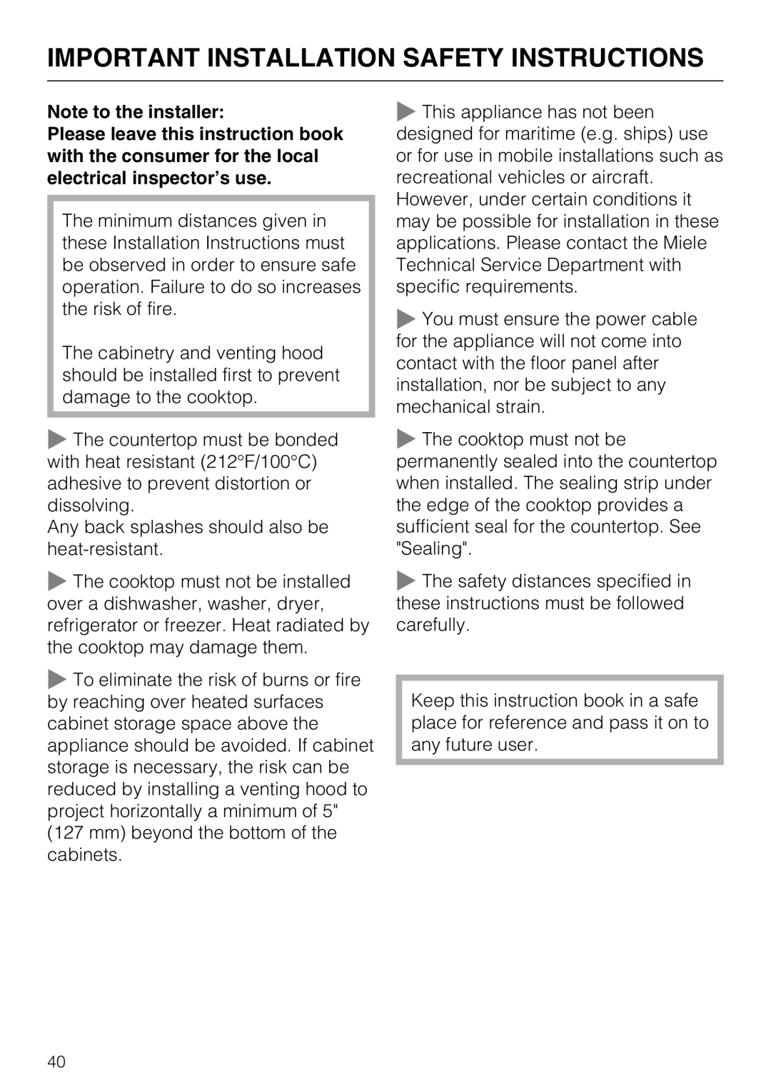 Miele KM 5880, KM 5860, KM 5840 installation instructions Important Installation Safety Instructions, Note to the installer 