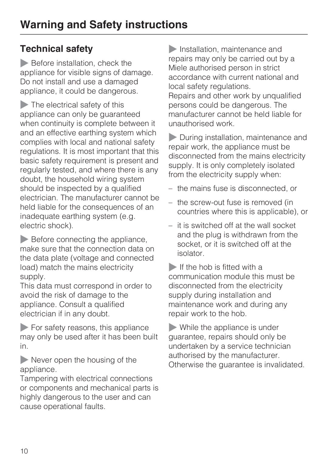 Miele KM 5940, KM 5950 installation instructions Technical safety 