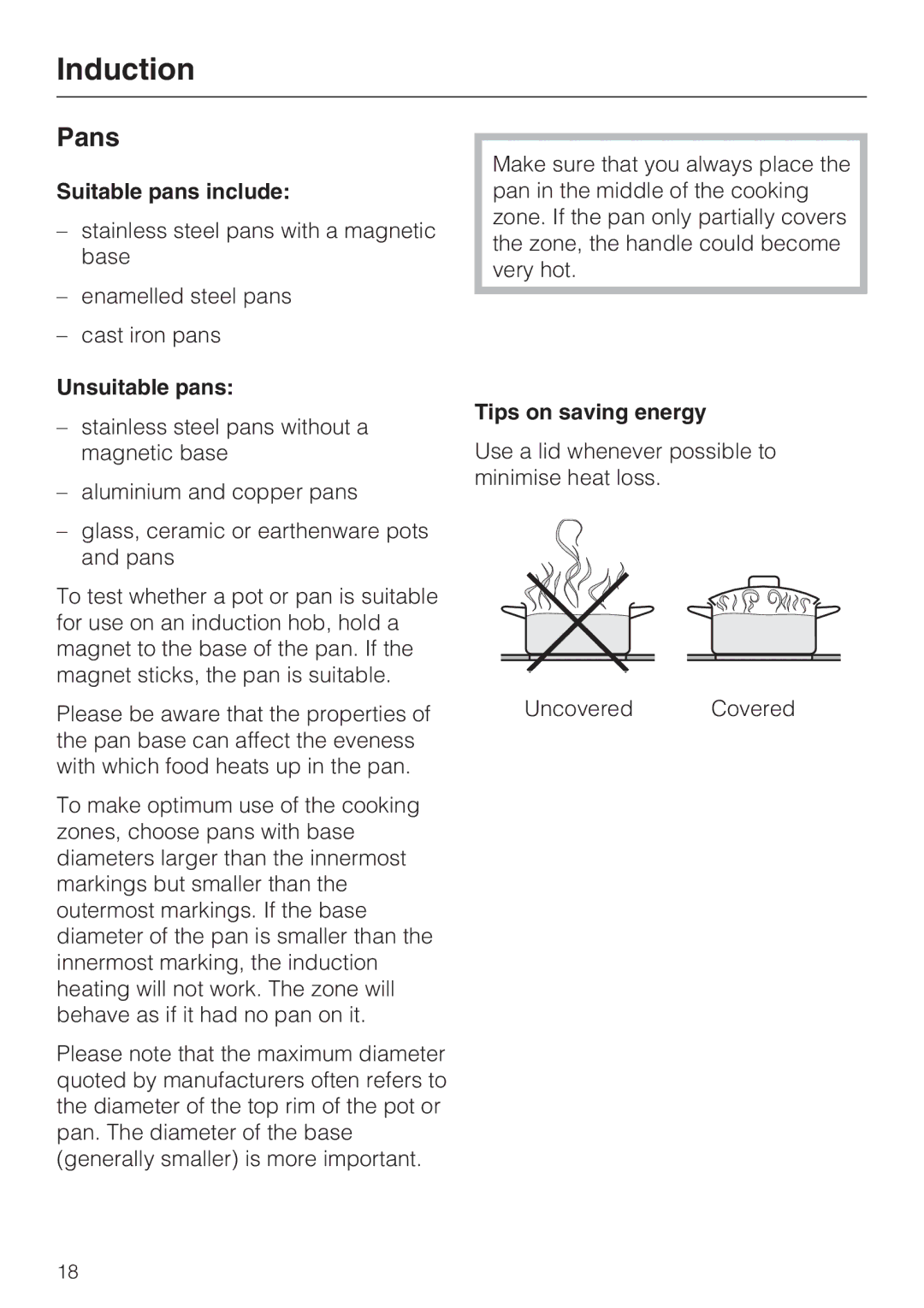 Miele KM 5940, KM 5950 installation instructions Pans, Suitable pans include, Unsuitable pans, Tips on saving energy 