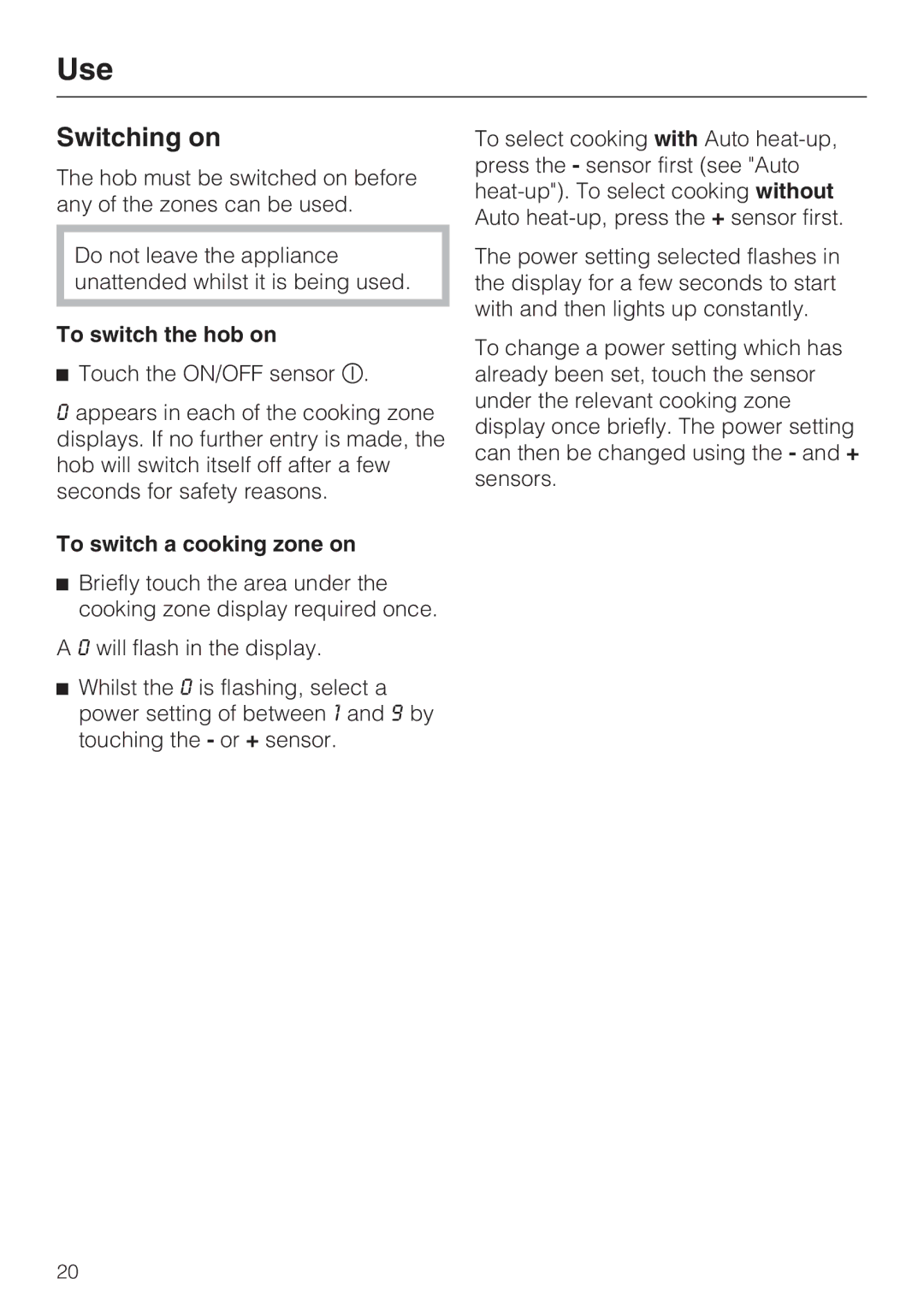 Miele KM 5940, KM 5950 installation instructions Switching on, To switch the hob on, To switch a cooking zone on 