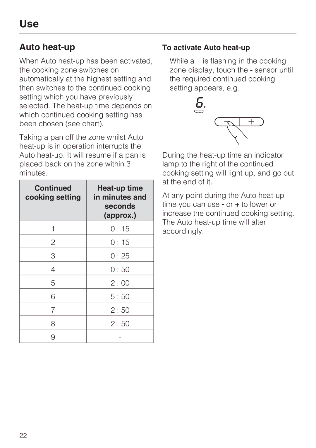 Miele KM 5940, KM 5950 installation instructions Auto heat-up, Heat-up time 