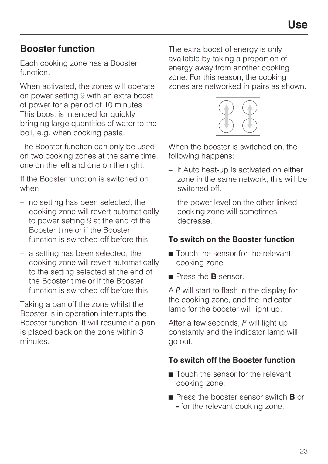 Miele KM 5950, KM 5940 installation instructions To switch on the Booster function, To switch off the Booster function 