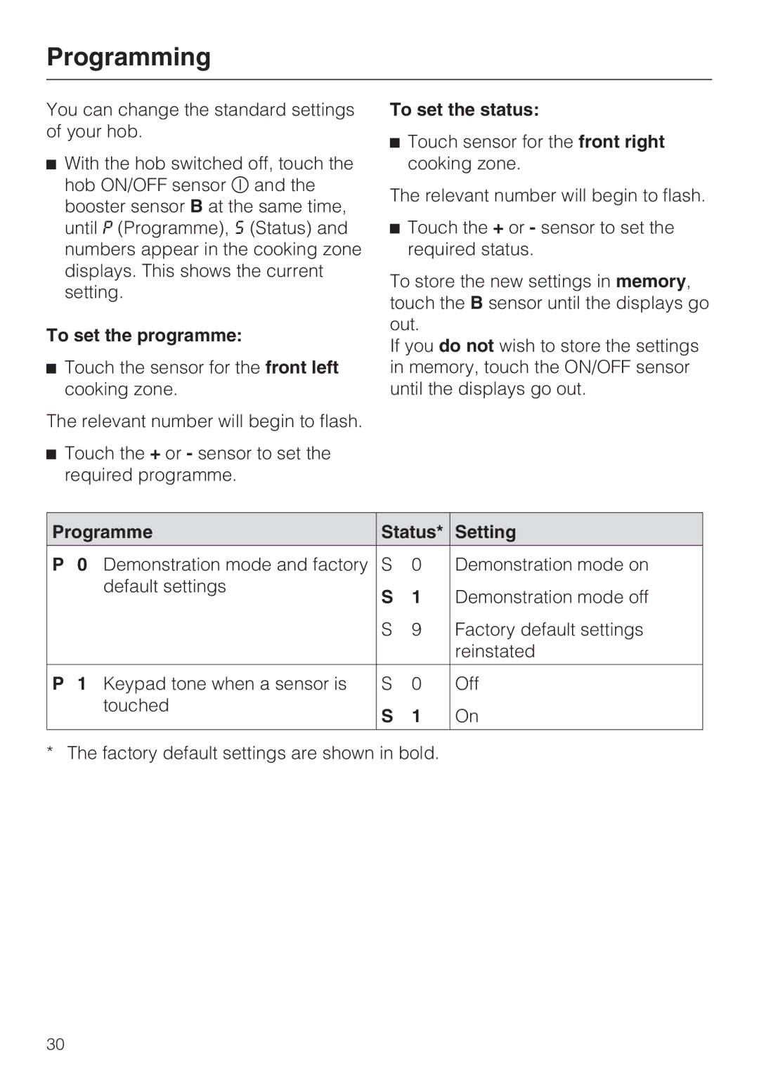 Miele KM 5940, KM 5950 Programming, To set the programme, To set the status, Programme Status Setting 