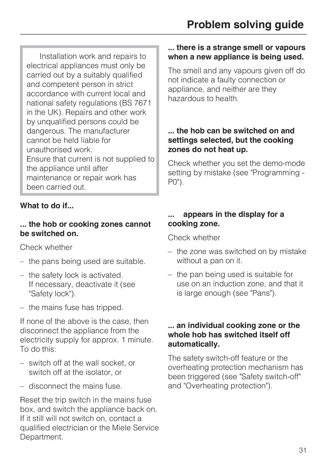 Miele KM 5950, KM 5940 Problem solving guide, What to do if Hob or cooking zones cannot be switched on 