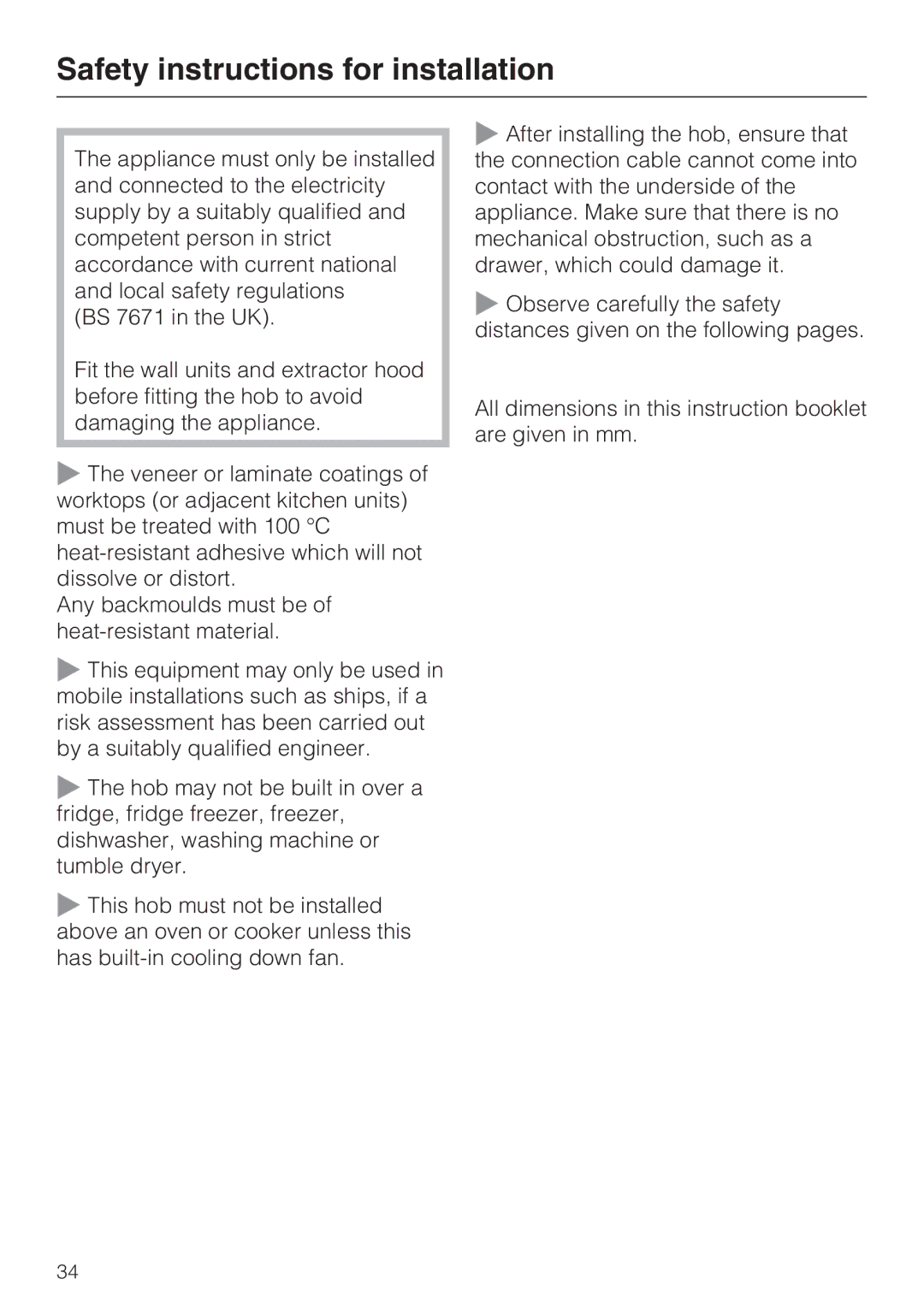 Miele KM 5940, KM 5950 installation instructions Safety instructions for installation 