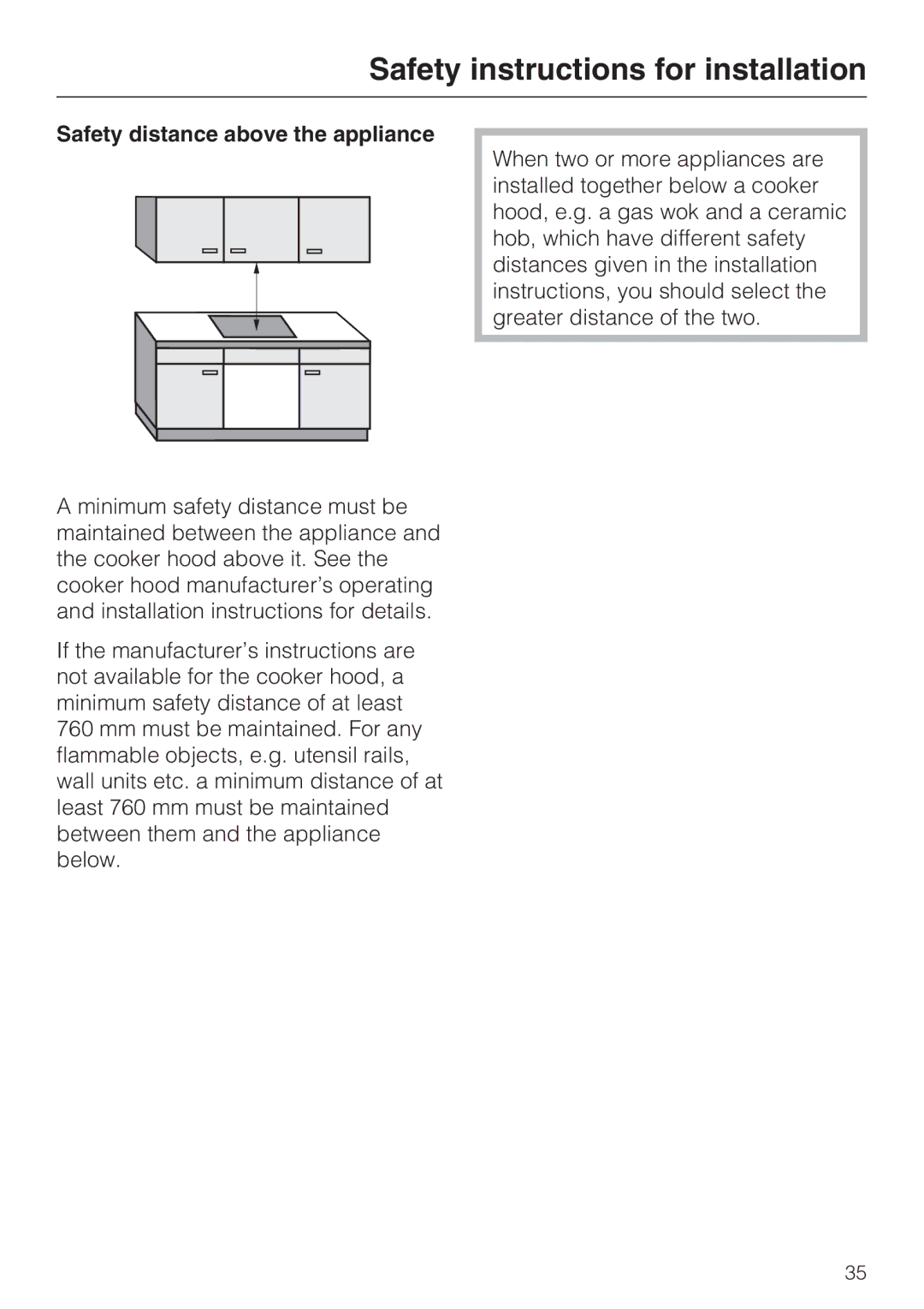 Miele KM 5950, KM 5940 installation instructions Safety distance above the appliance 