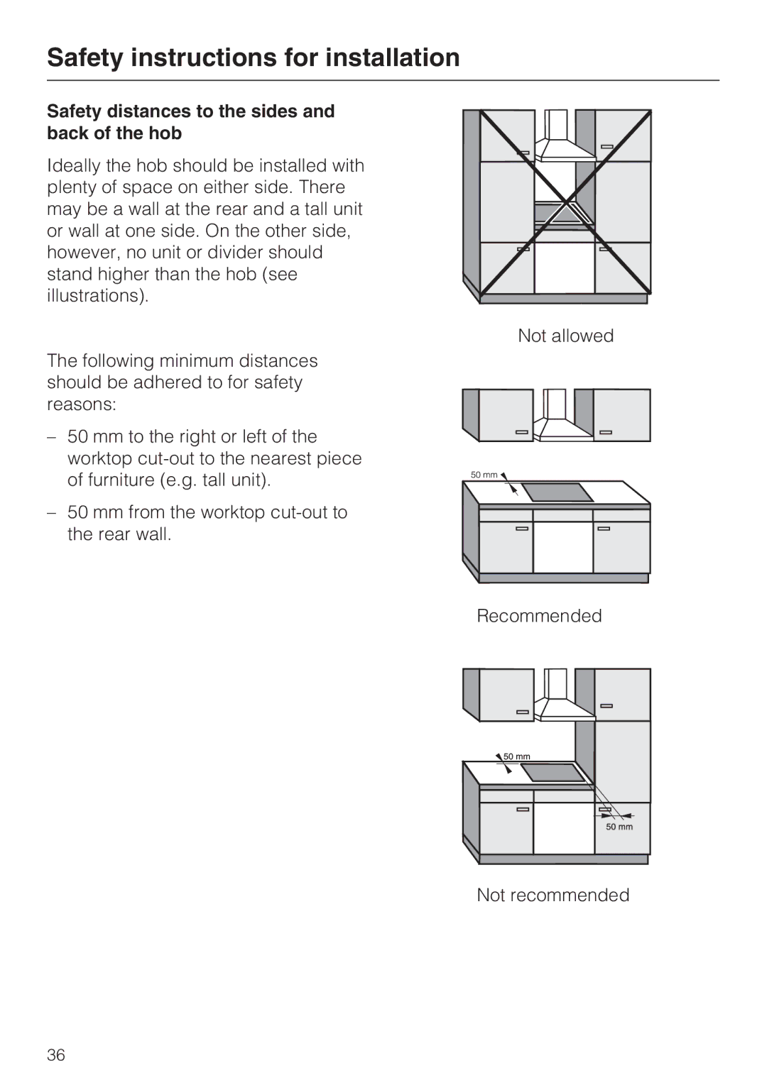 Miele KM 5940, KM 5950 installation instructions Safety distances to the sides and back of the hob 